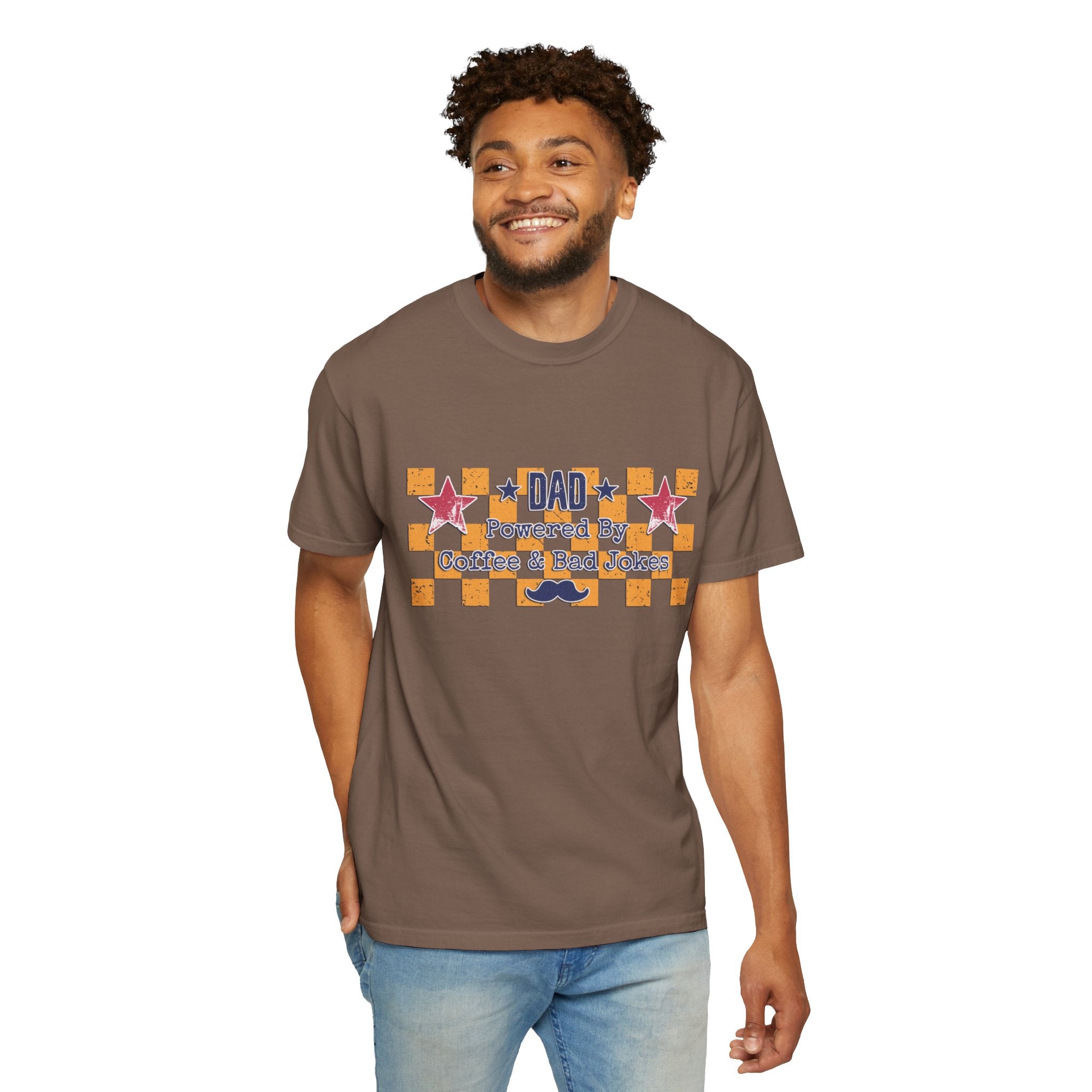 Dad Textured T-Shirt — "Powered by Coffee & Bad Jokes" Retro Checker Fathers Day Tee