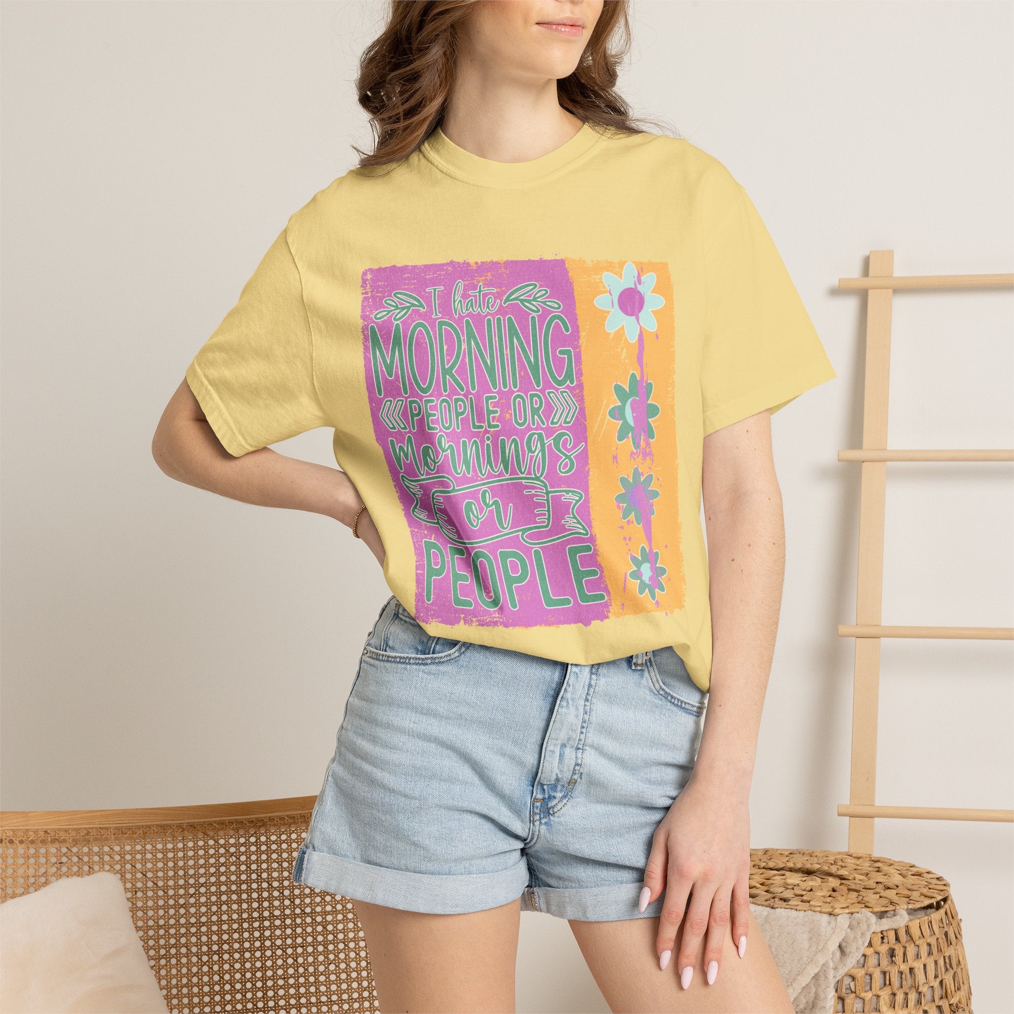 I Hate Morning People Textured  Shirt — Retro Flower Graphic Tee