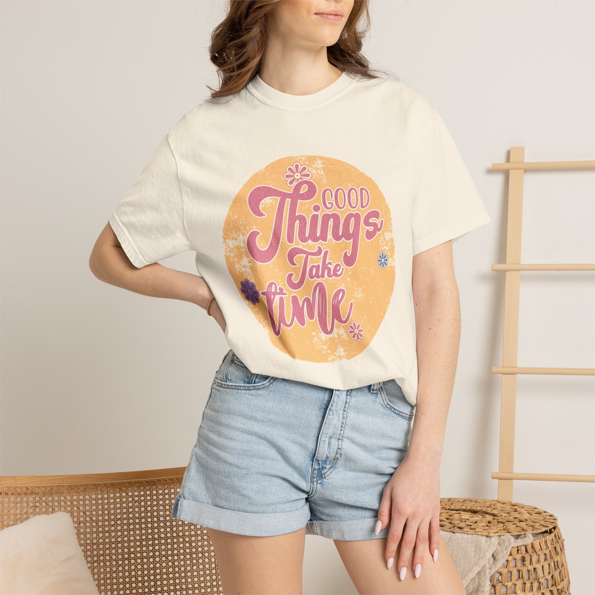Good Things Take Time T-Shirt | Textured Retro Script Floral Graphic