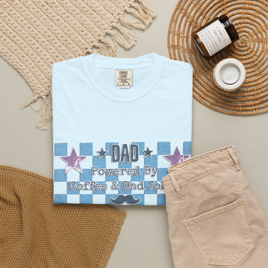 Textured Dad Powered By Coffee & Chaos T-Shirt — Retro Checkered Father's Day Tee