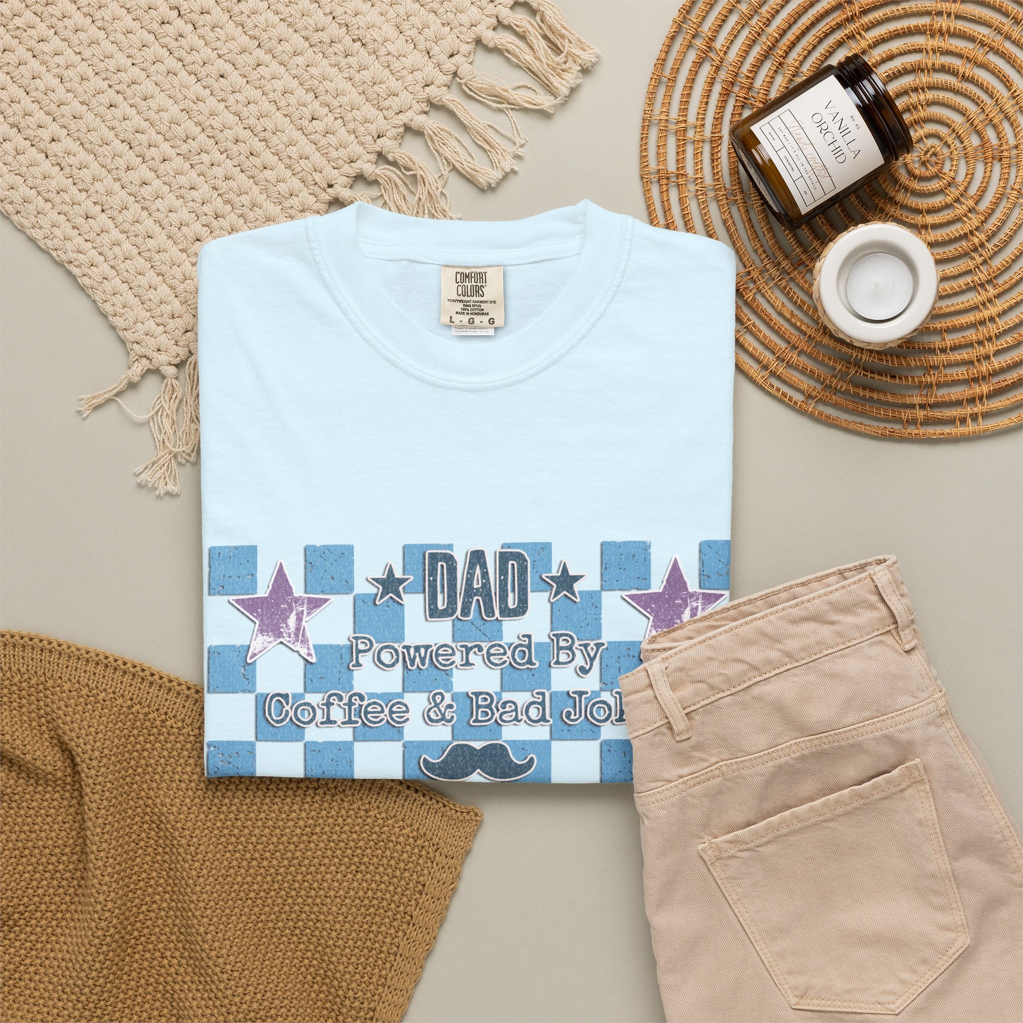 Textured Dad Powered By Coffee & Chaos T-Shirt — Retro Checkered Father's Day Tee