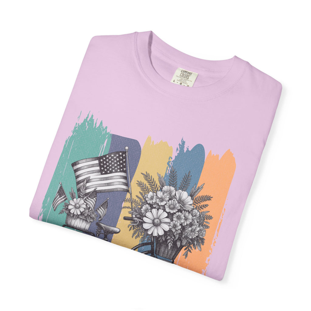 Textured Vintage Bicycle T-Shirt — Floral Basket & American Flag Graphic