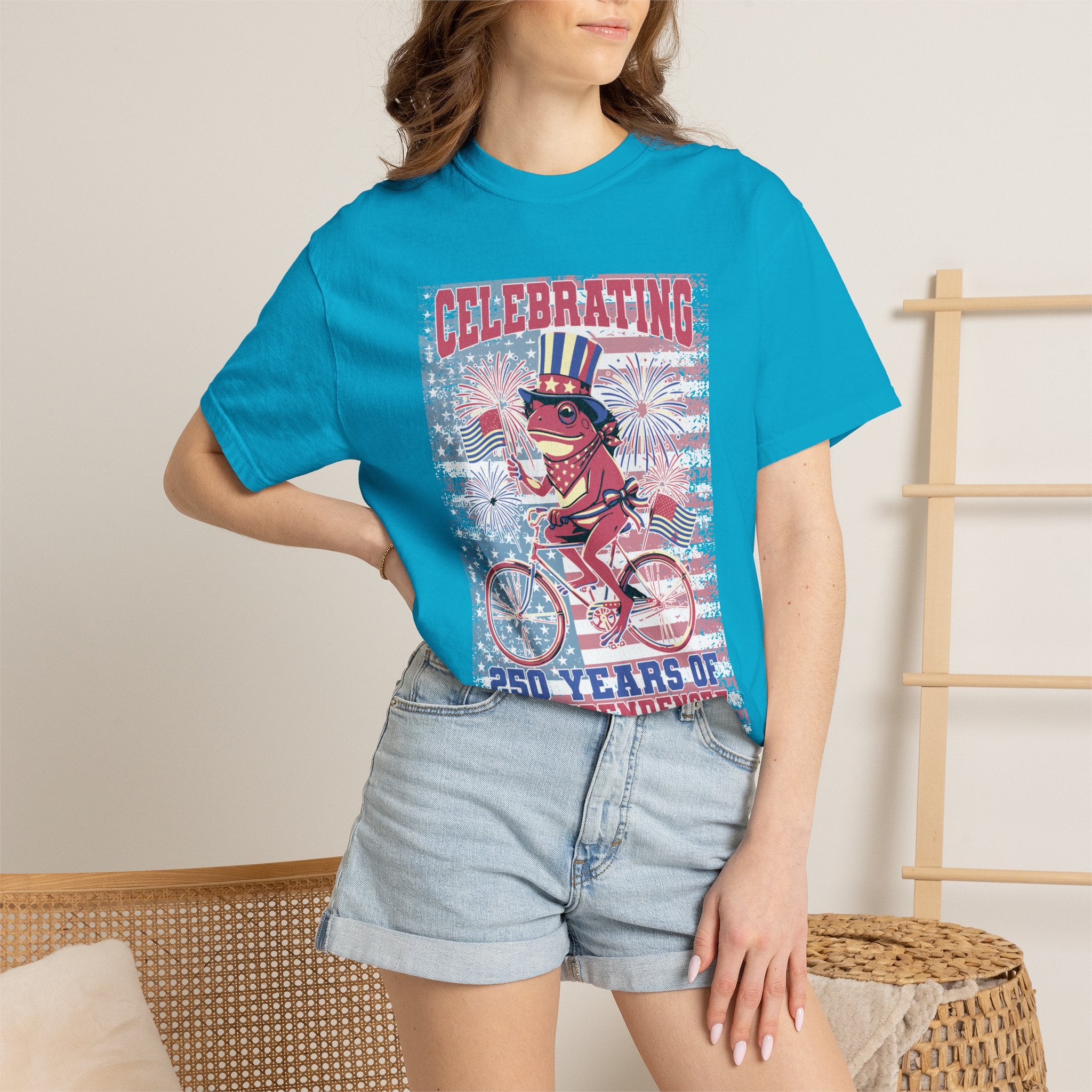 Textured Independence Day Dog on Bike T-Shirt — "Celebrating 250 Years of Independence" Patriotic Tee
