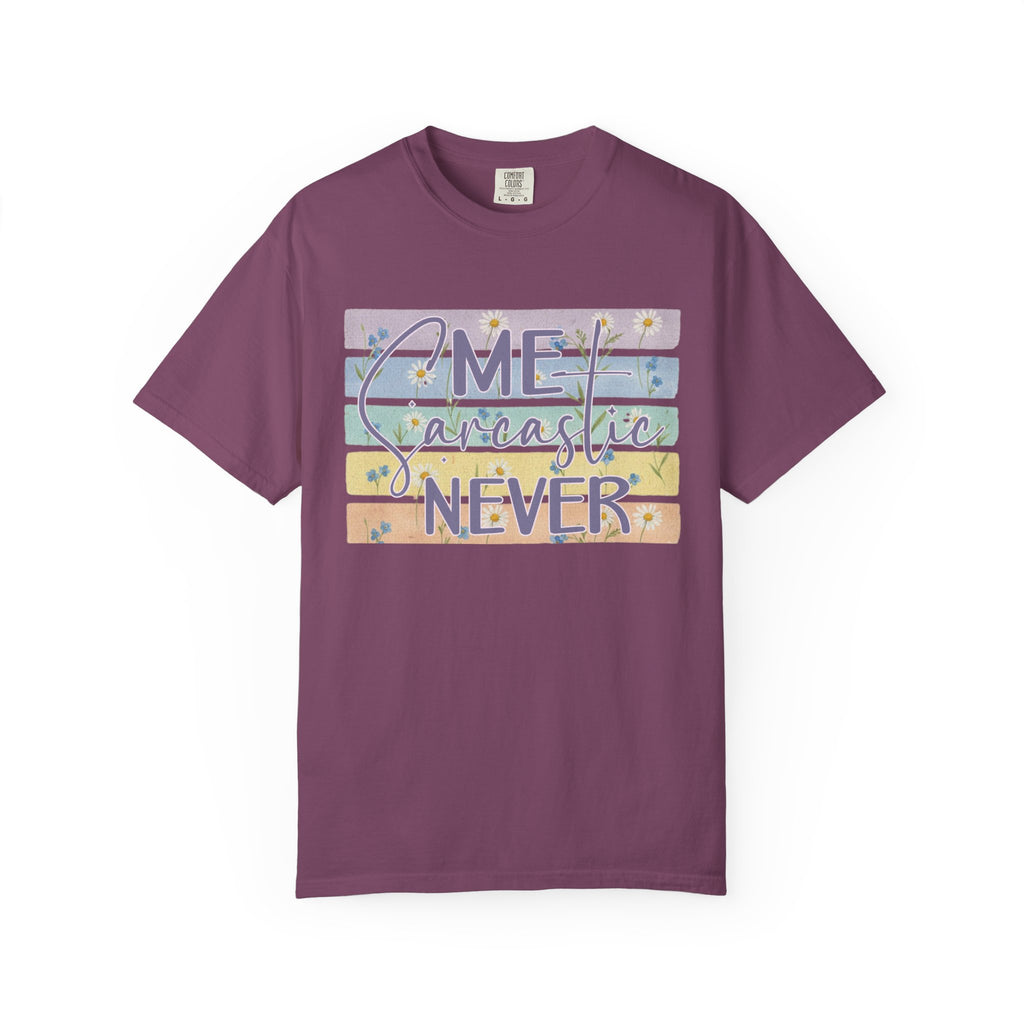 Textured Sarcastic Never T-Shirt — Pastel Striped 'Me? Sarcastic? Never' Graphic Tee