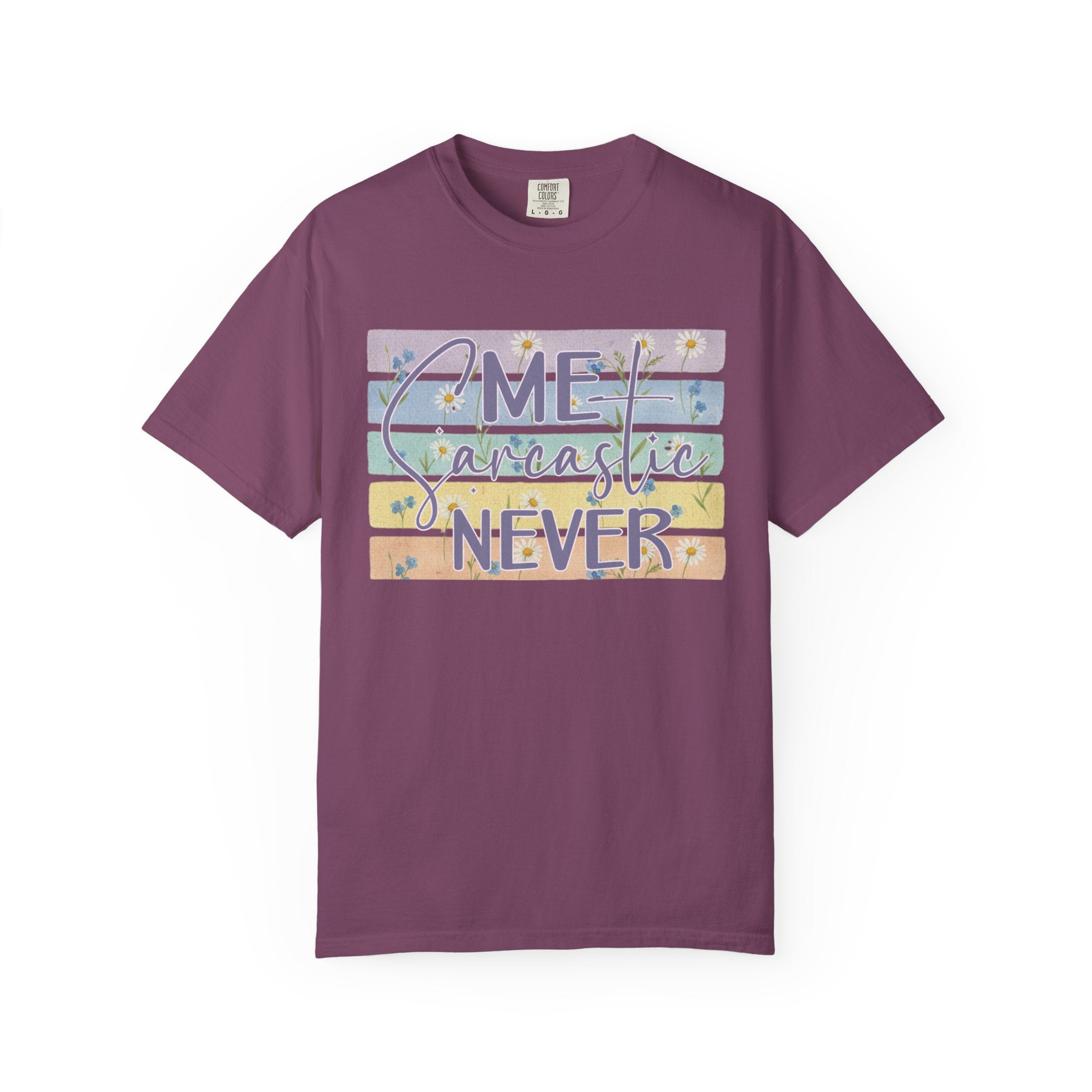 Textured Sarcastic Never T-Shirt — Pastel Striped 'Me? Sarcastic? Never' Graphic Tee