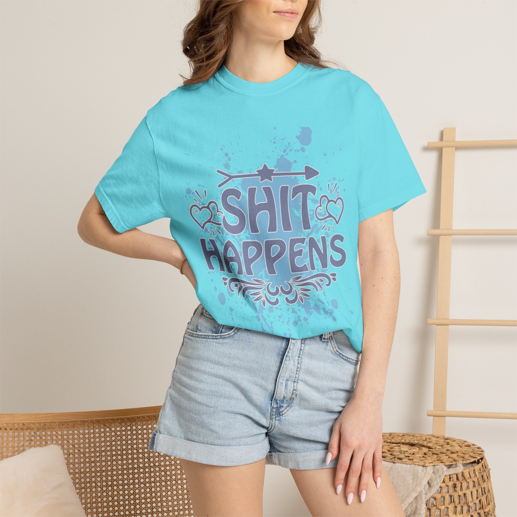 Shit Happens Graphic T-Shirt — Casual Humorous Tee with Splatter Design