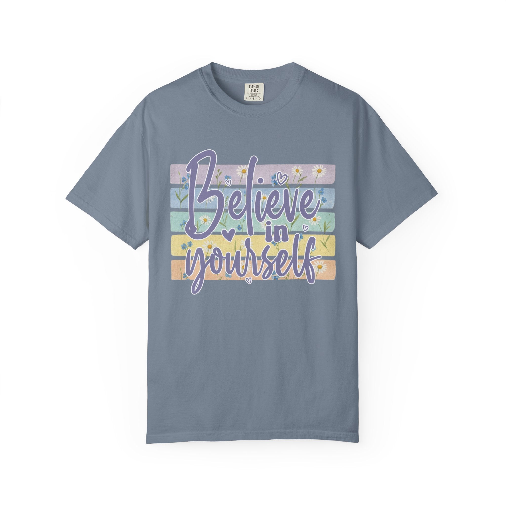 Textured Believe in Yourself T‑Shirt — Pastel Stripes Inspirational Tee