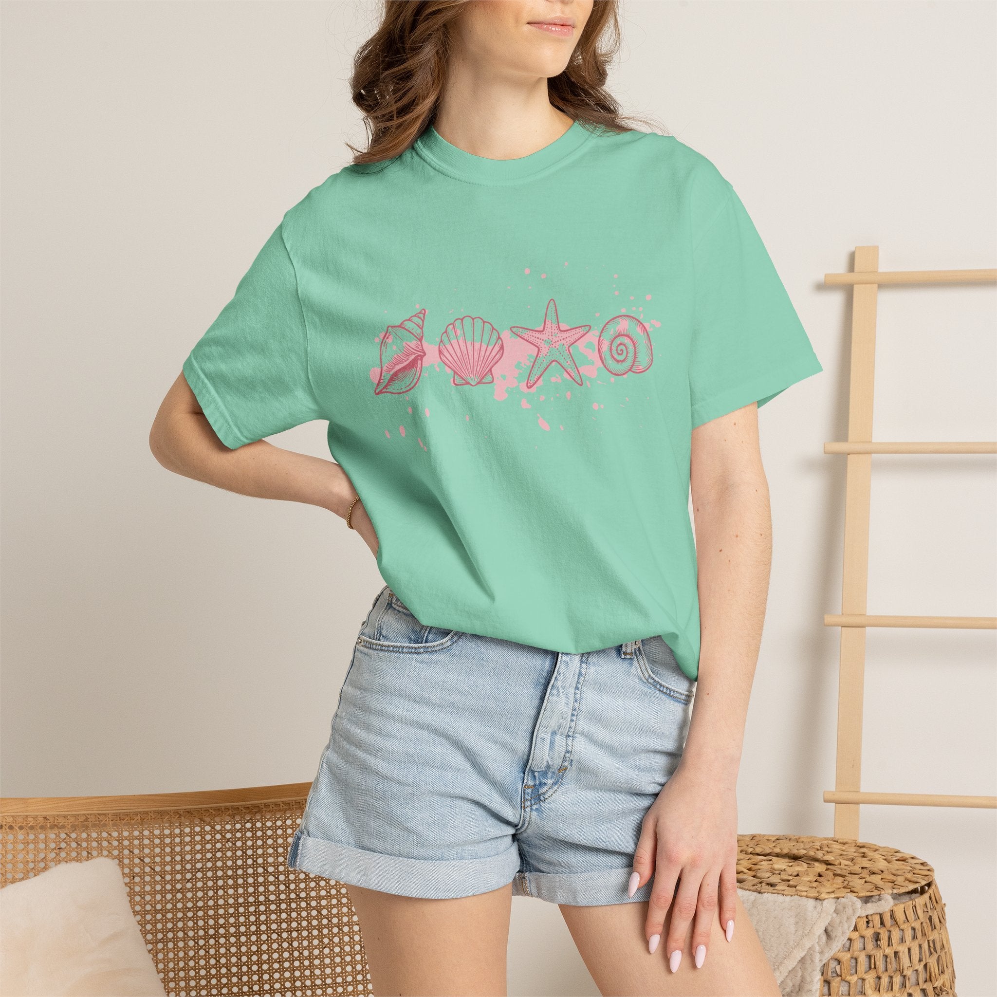 Textured Seashell Line Art T-Shirt — Pink Coastal Shells Graphic Tee