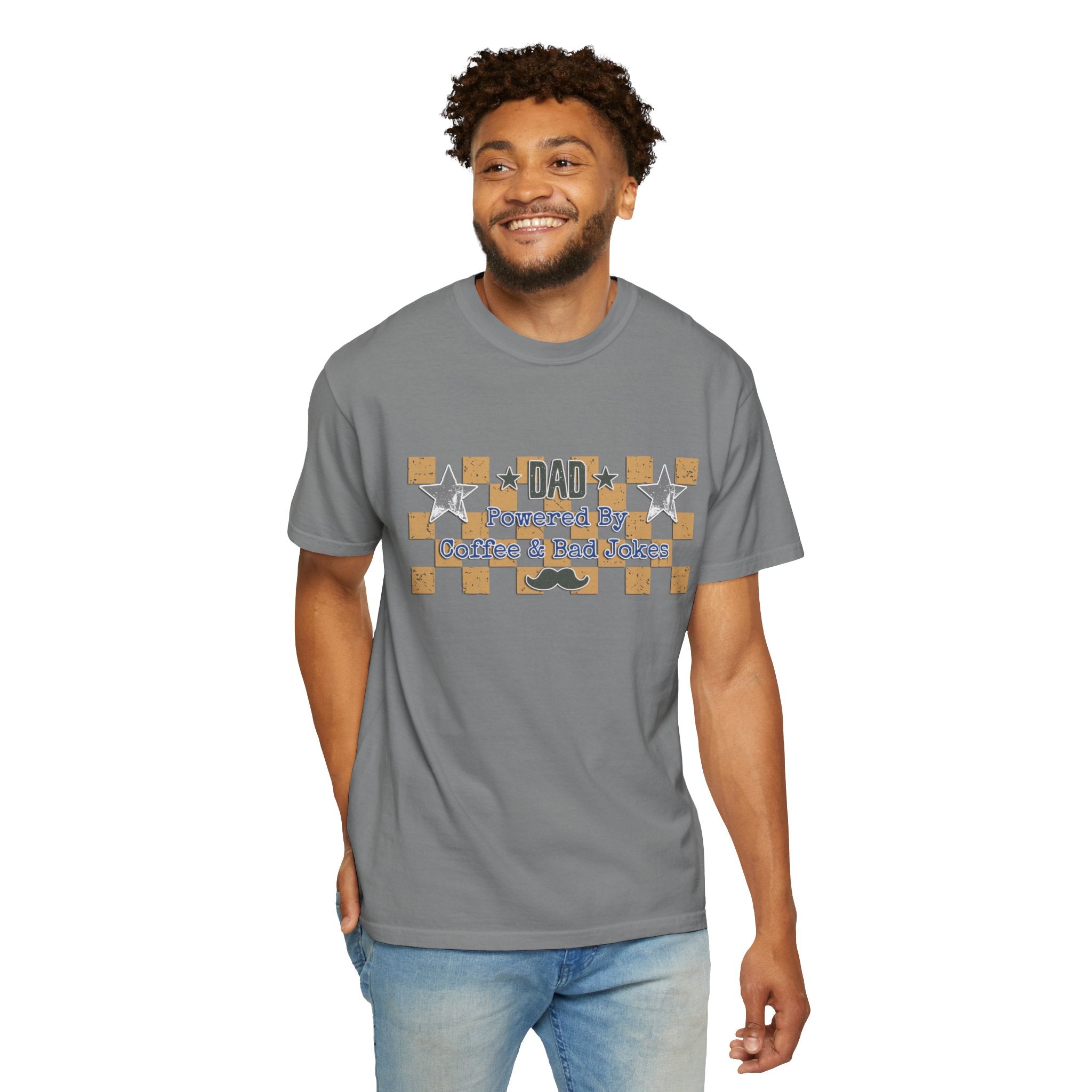 Dad Powered By Coffee & Bad Jokes Textured T-Shirt — Funny Fathers Day Gift