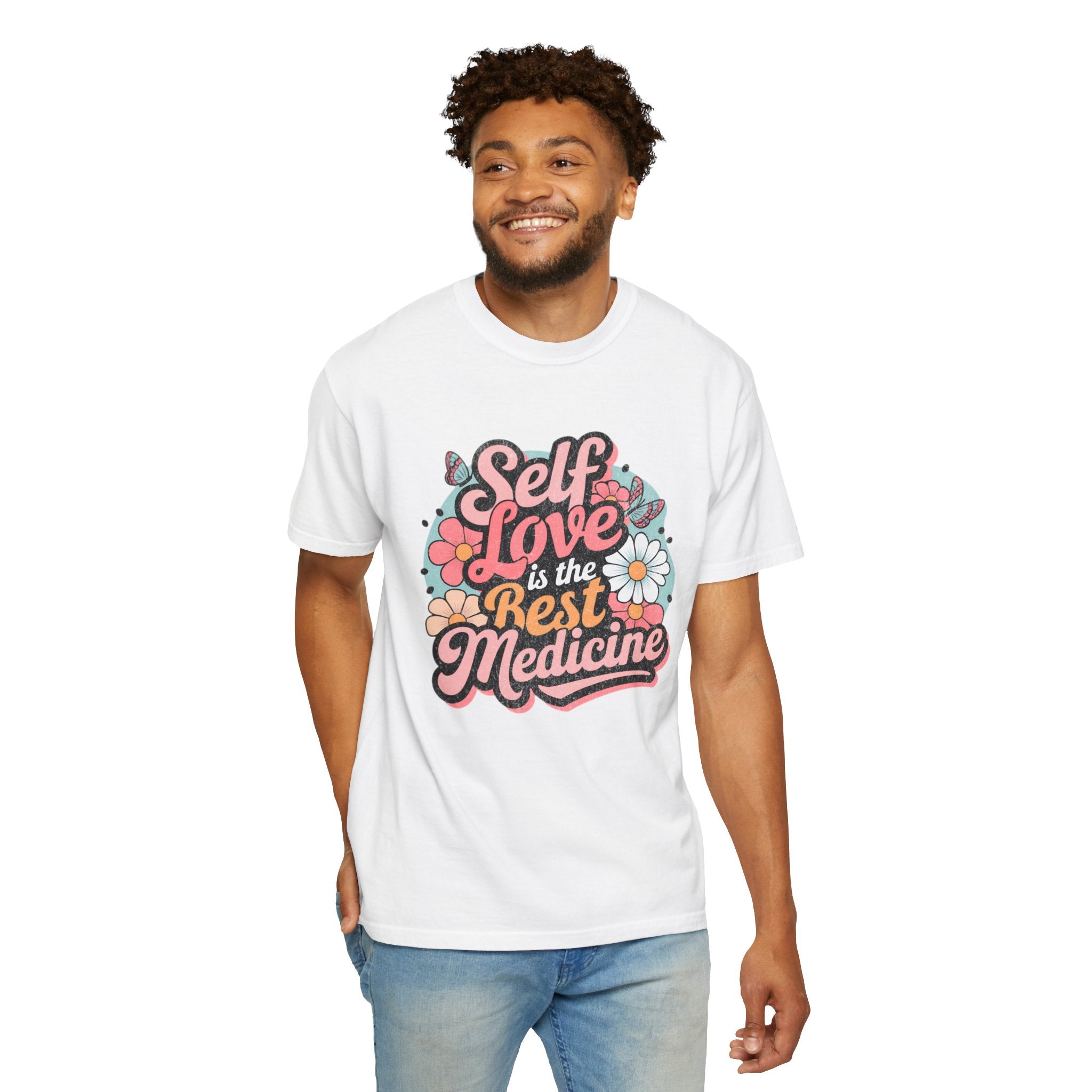 Self Love is the Best Medicine T-Shirt |Textured Floral Script Mental Health Design