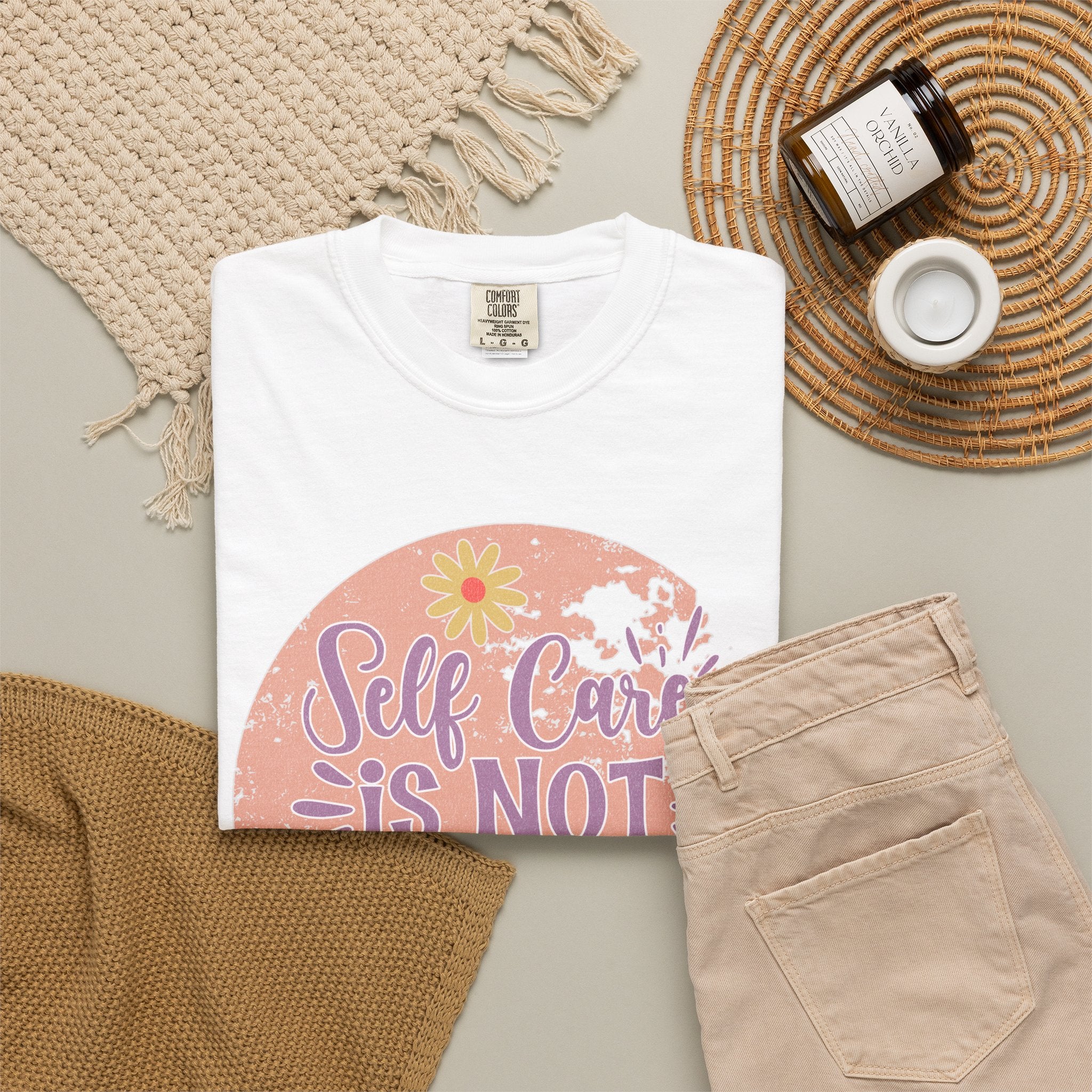 Self Care Is Not Selfish Texture  T-Shirt — Floral Mental Health Awareness Tee