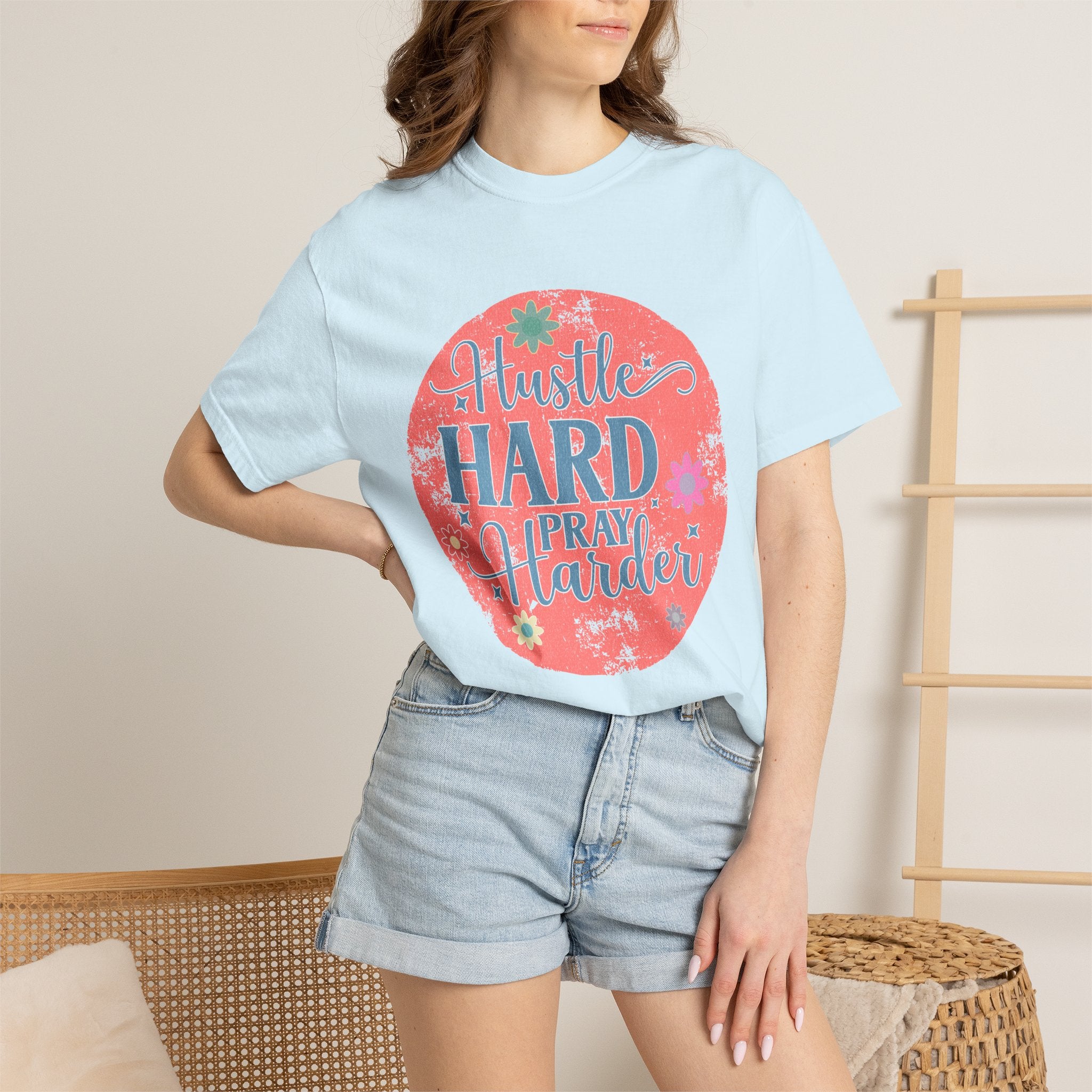 Textured Hustle Hard Pray Harder Tee — Inspirational Floral Graphic T-Shirt