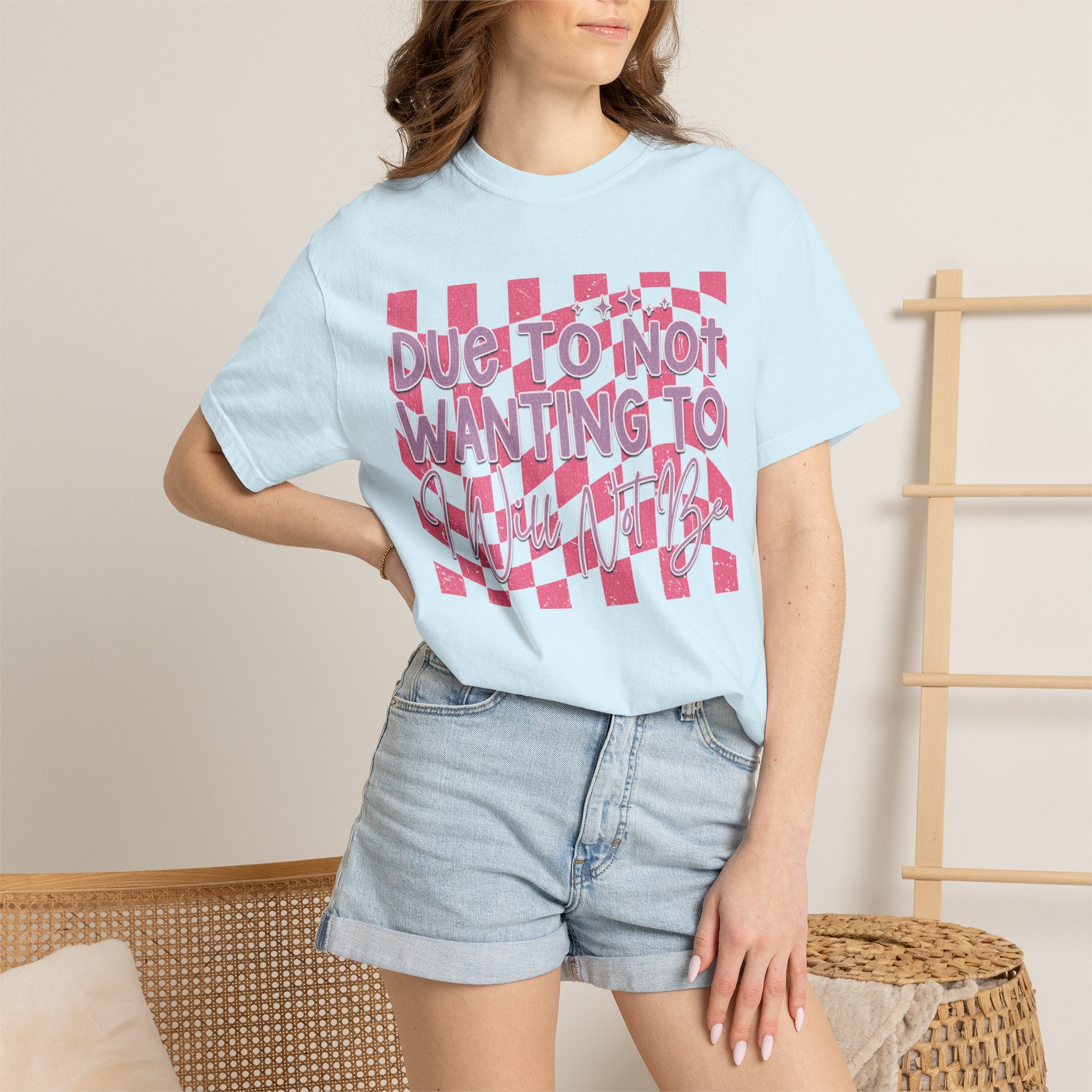 Textured Graphic Tee — “Due to Not Wanting to” Pink Checkerboard T-Shirt