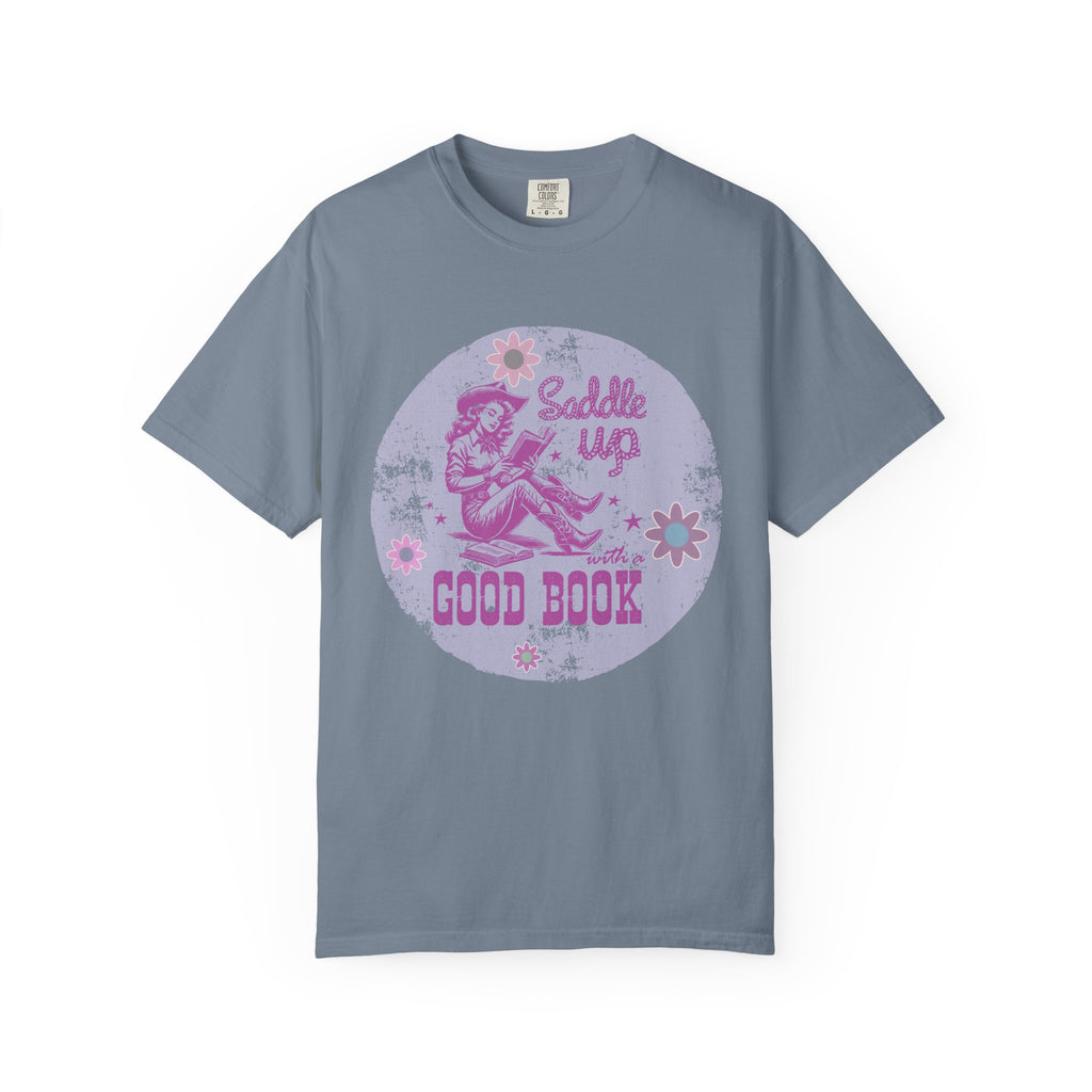 Textured T-Shirt — “Saddle Up Good Book” Retro Western Graphic Tee