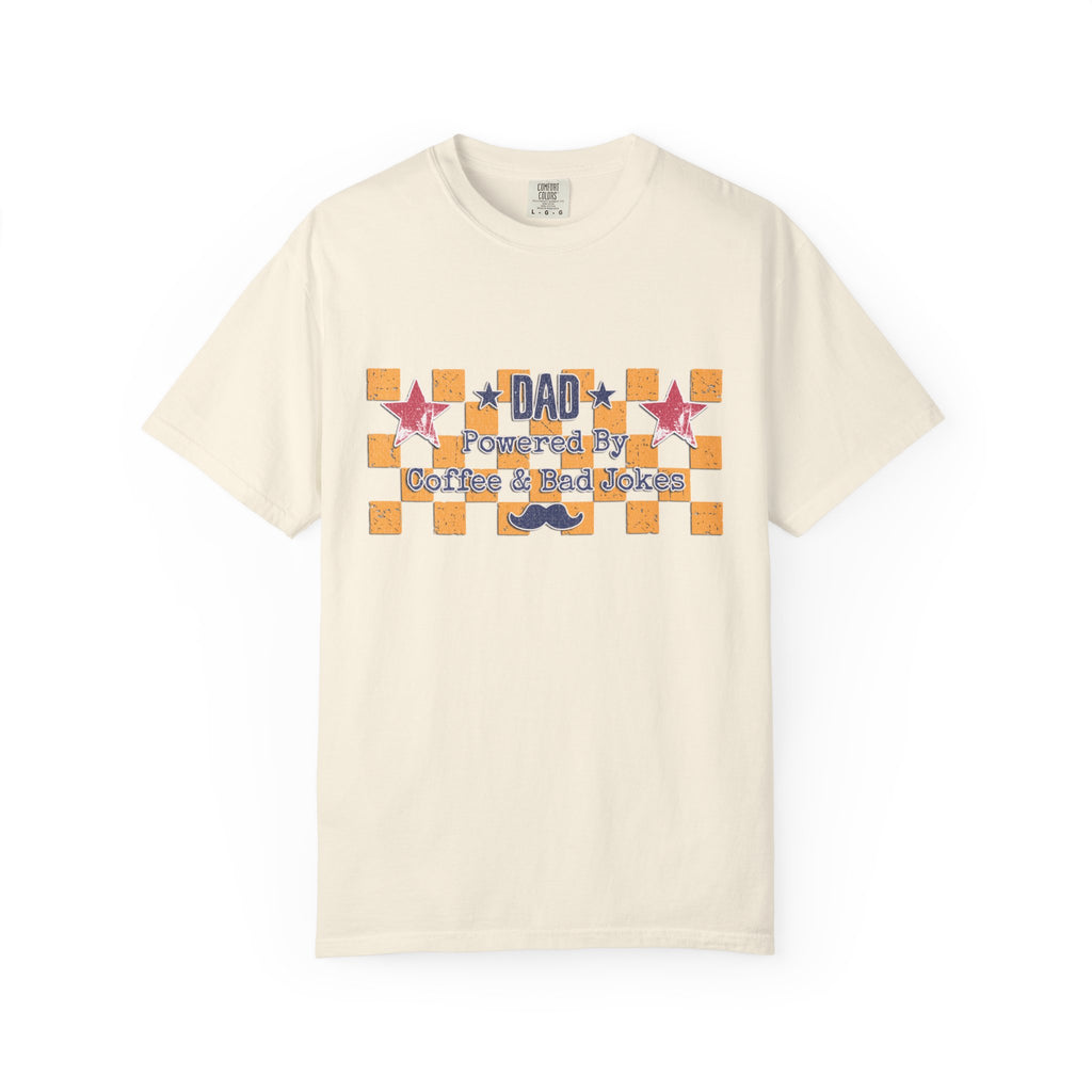 Dad Textured T-Shirt — "Powered by Coffee & Bad Jokes" Retro Checker Fathers Day Tee