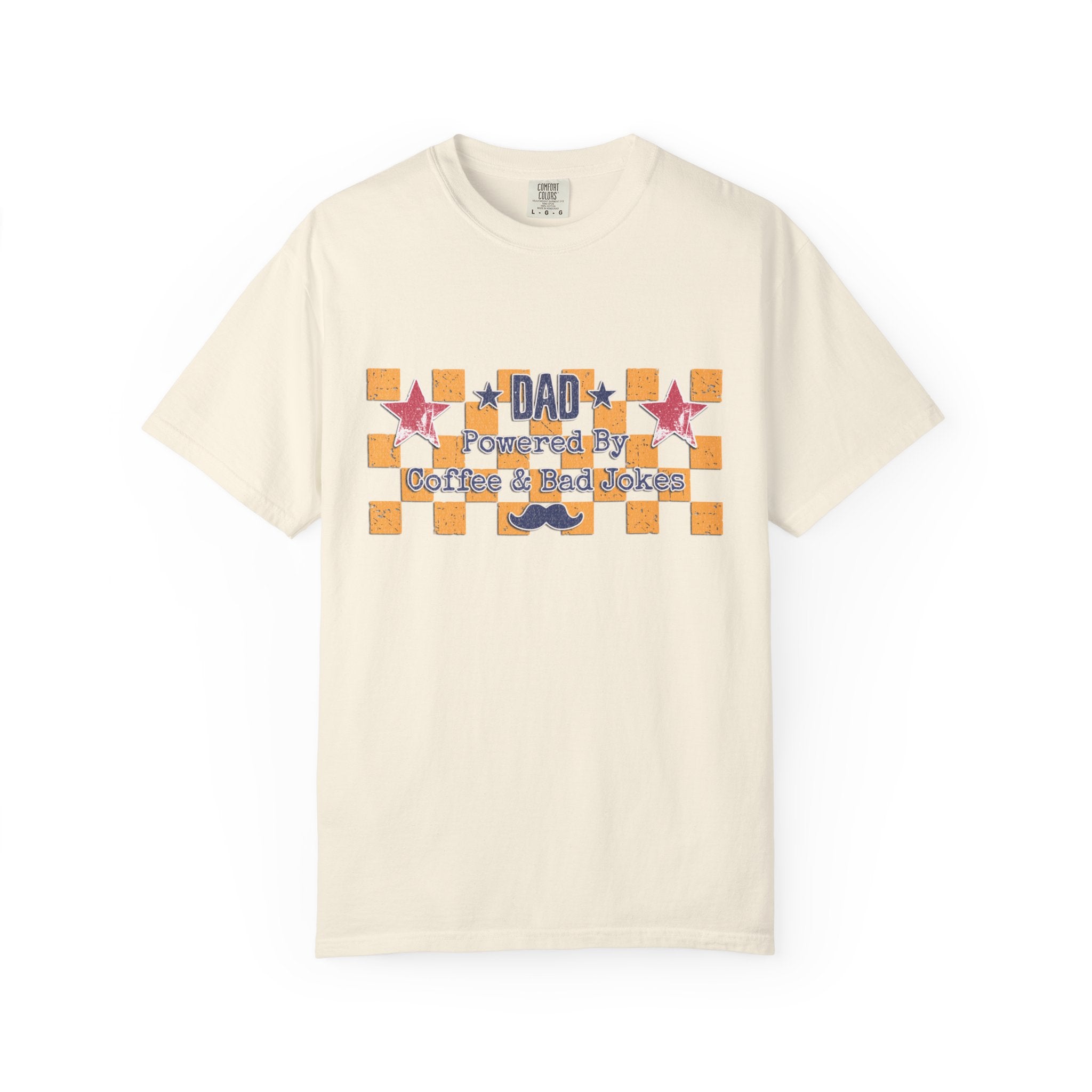 Dad Textured T-Shirt — "Powered by Coffee & Bad Jokes" Retro Checker Fathers Day Tee