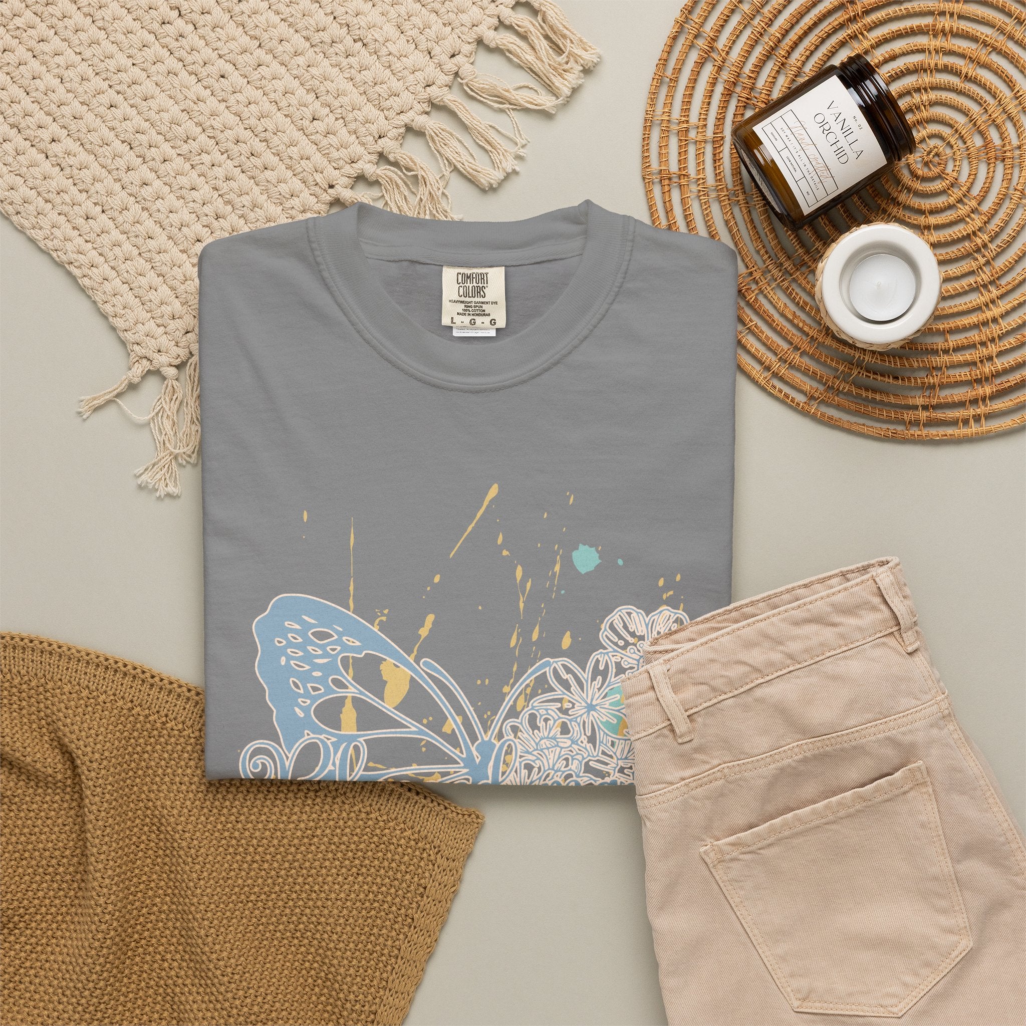 Retro Butterfly Blessed Mama Tee —Textured Serene Aqua Nature Graphic