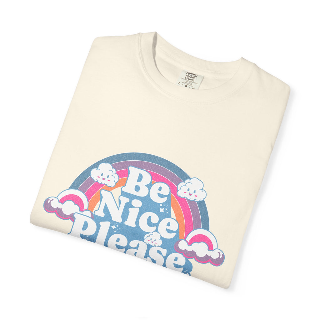 Be Nice Please Textured T-Shirt — Retro Rainbow Positive Message Tee