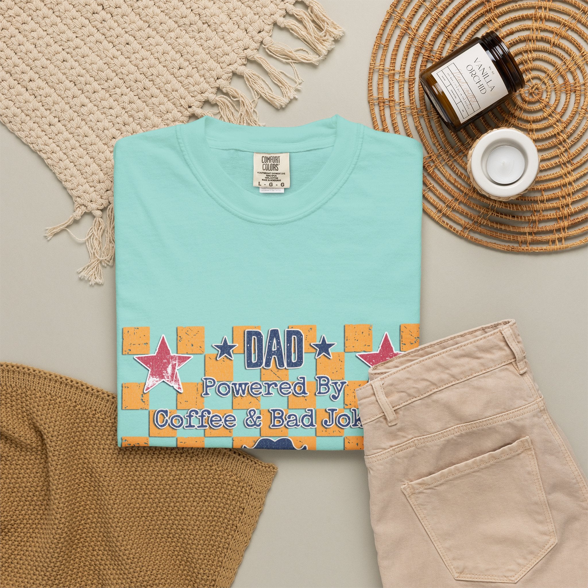 Dad Textured T-Shirt — "Powered by Coffee & Bad Jokes" Retro Checker Fathers Day Tee