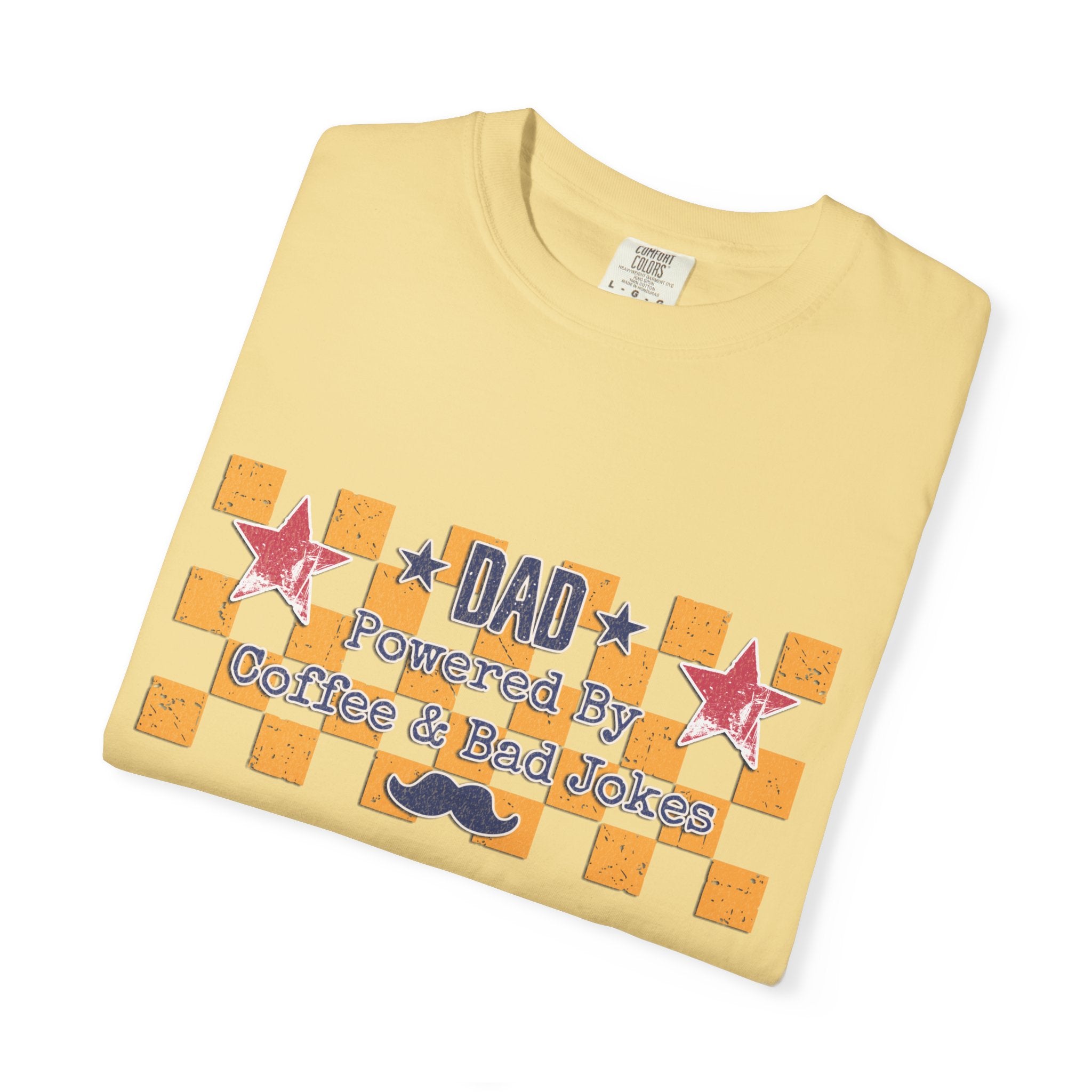 Dad Textured T-Shirt — "Powered by Coffee & Bad Jokes" Retro Checker Fathers Day Tee