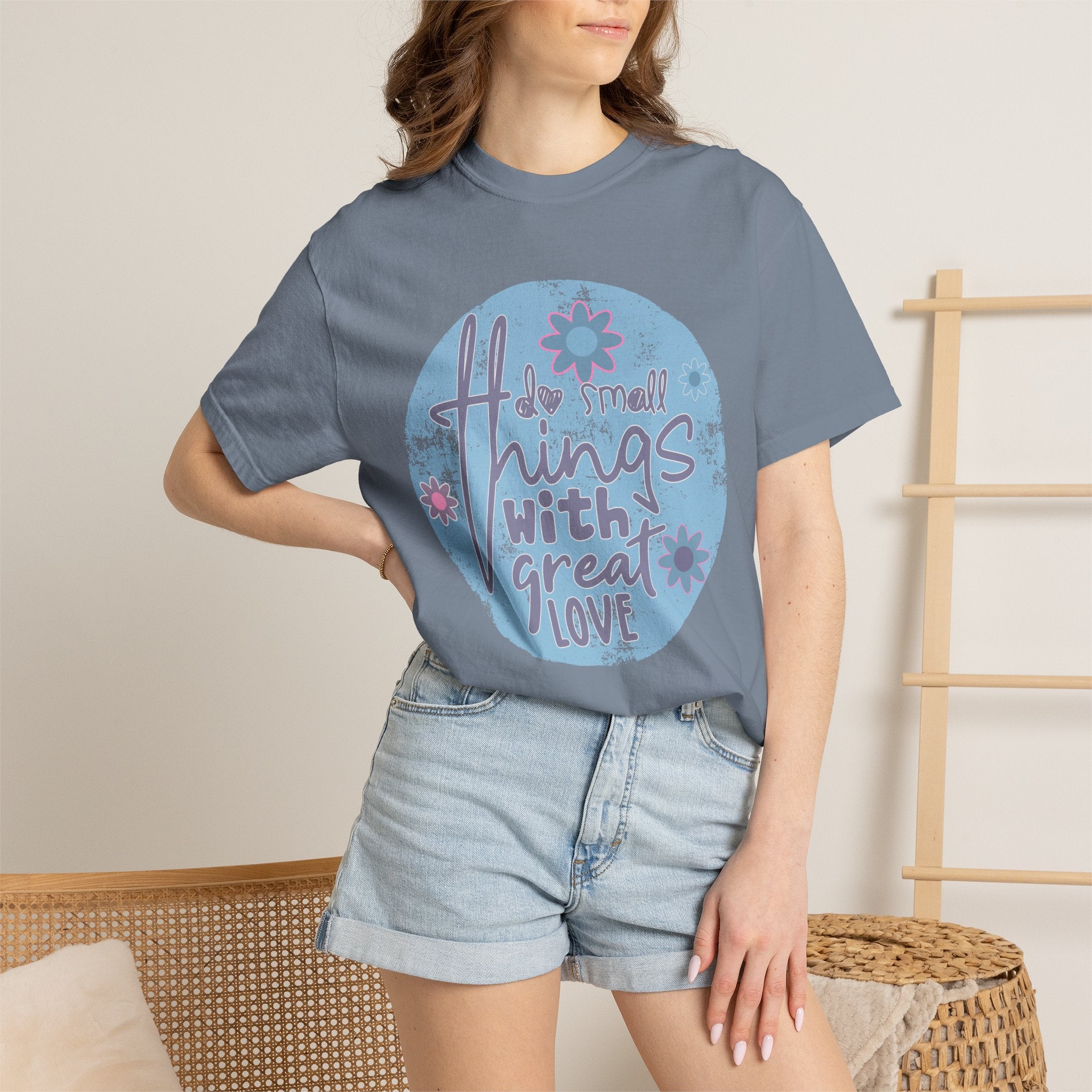Textured Inspirational Graphic T-Shirt — "Do Small Things With Great Love" Floral Design