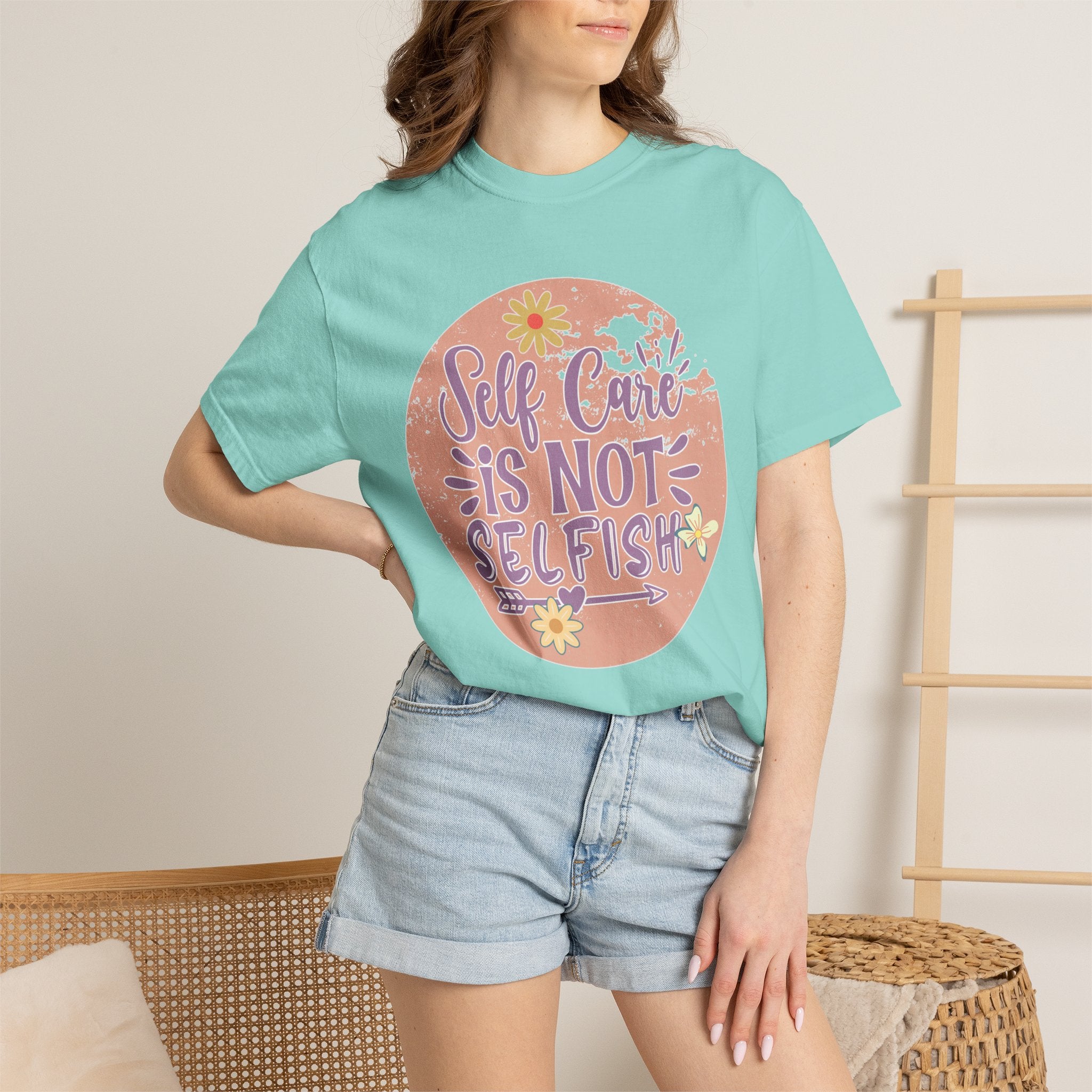 Self Care Is Not Selfish Texture  T-Shirt — Floral Mental Health Awareness Tee