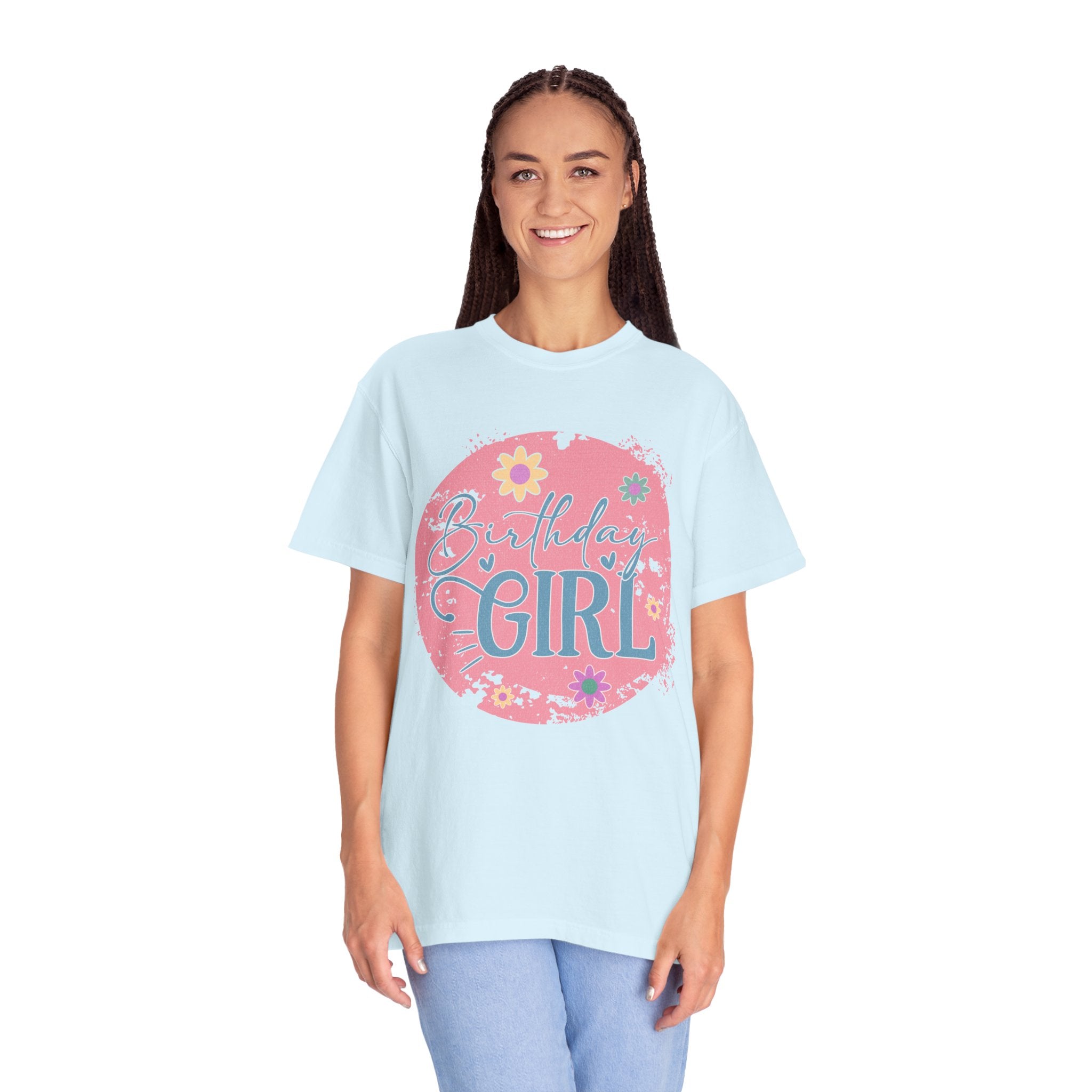 Birthday Girl Textured T-Shirt — Floral Pink Celebration Tee