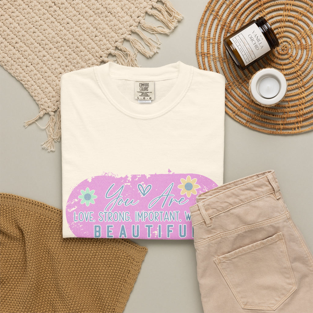 Textured T-Shirt — She is Brave, Strong, Worthy, Beautiful Floral Graphic Tee