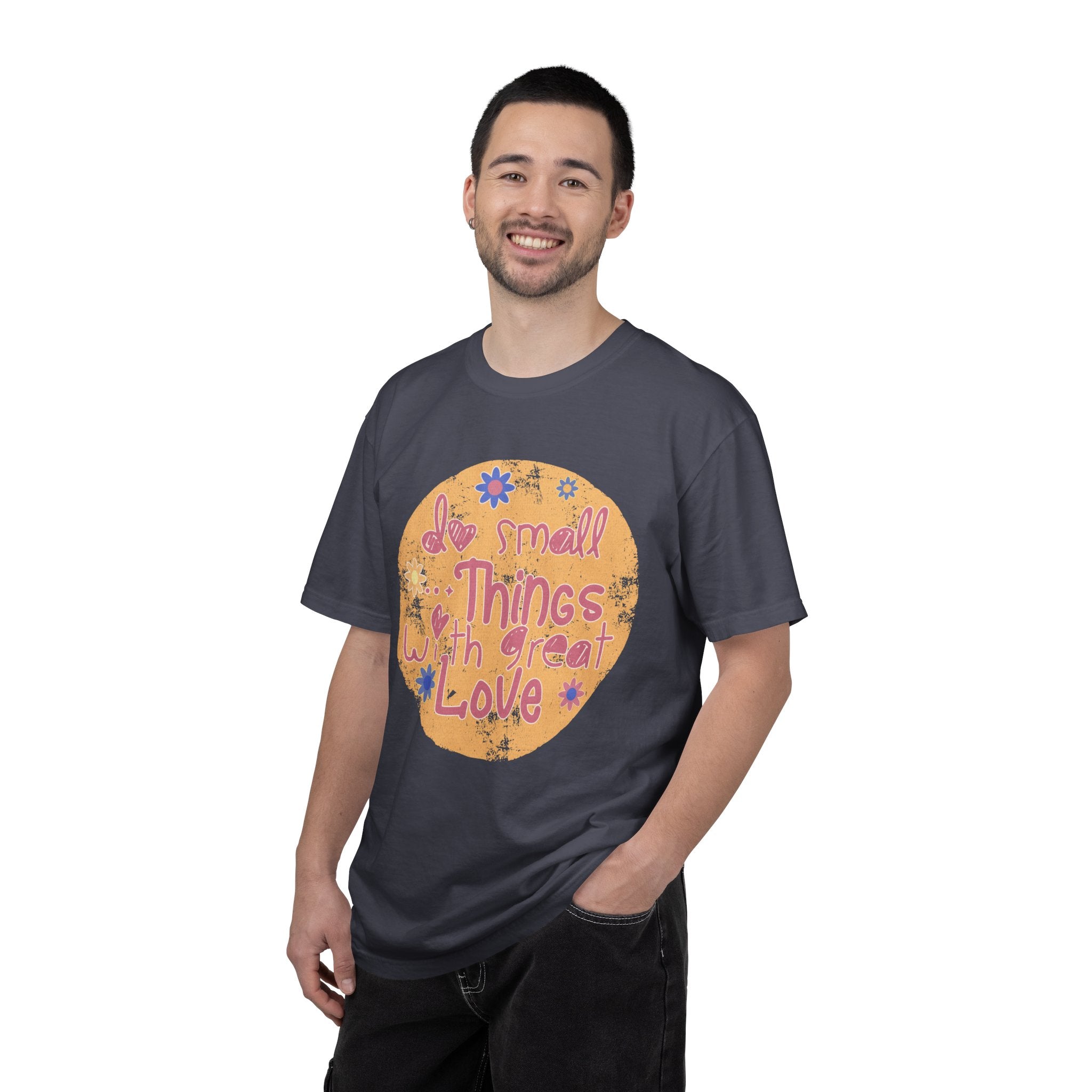 Textured Inspirational Tee — "Do Small Things With Great Love" Floral Graphic