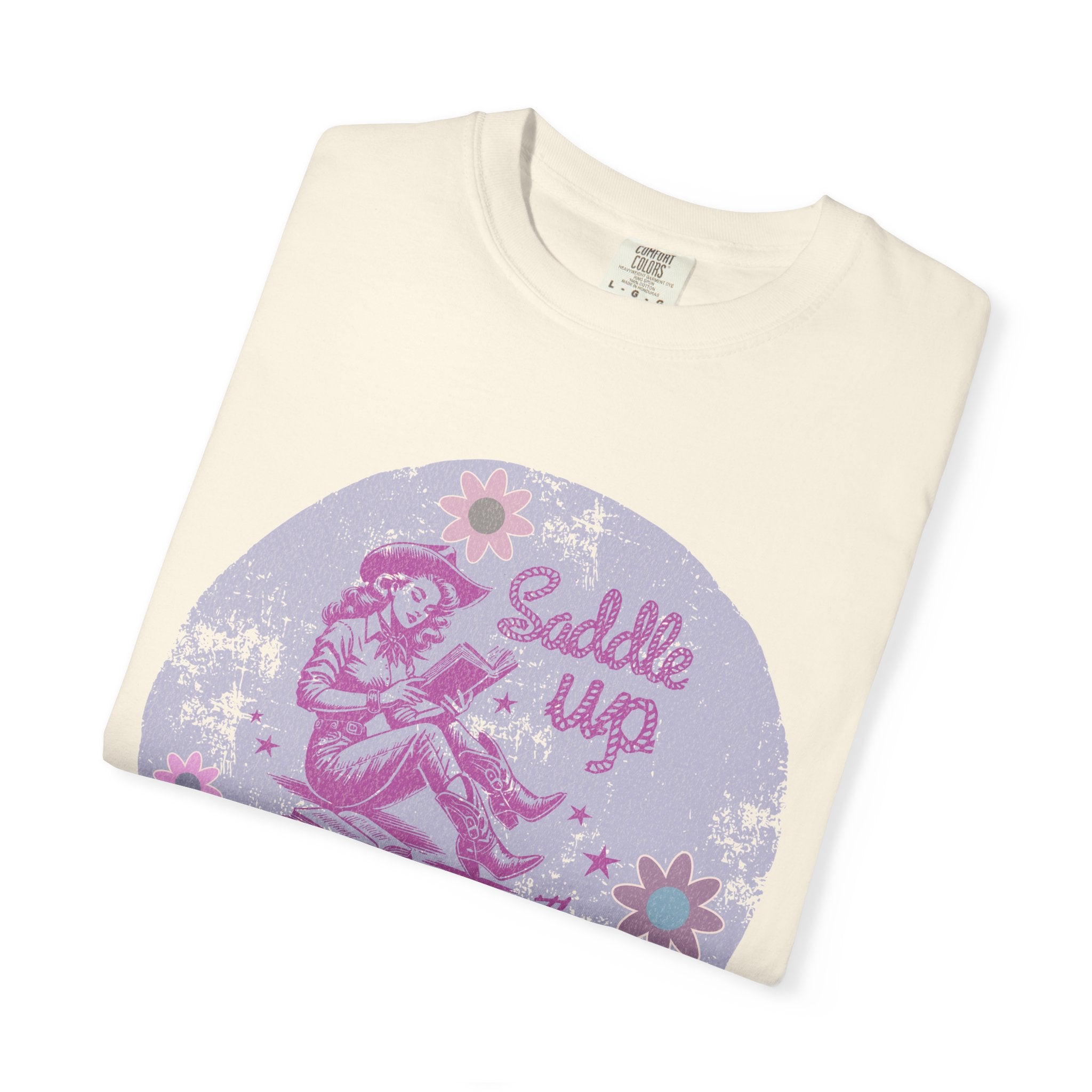 Textured T-Shirt — “Saddle Up Good Book” Retro Western Graphic Tee