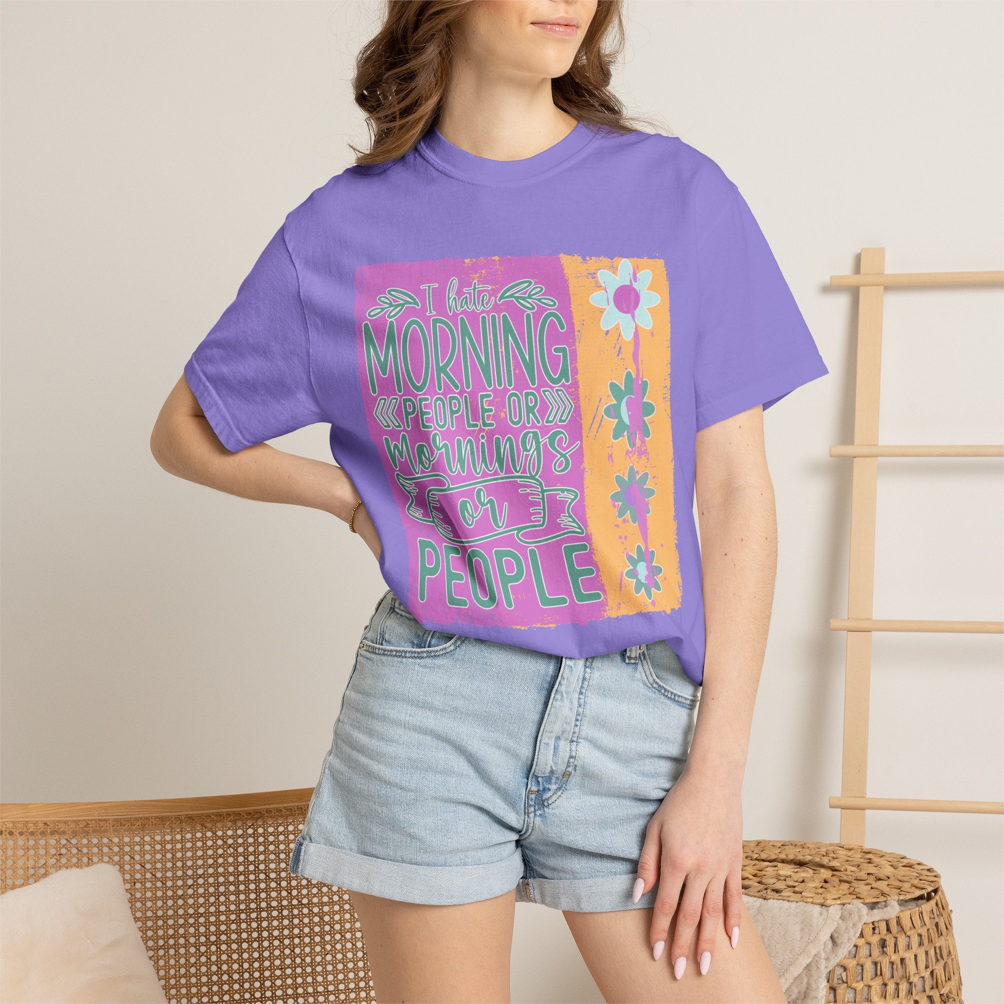 Graphic Textured T-Shirt — “Not a Morning Person” Retro Floral Block Design