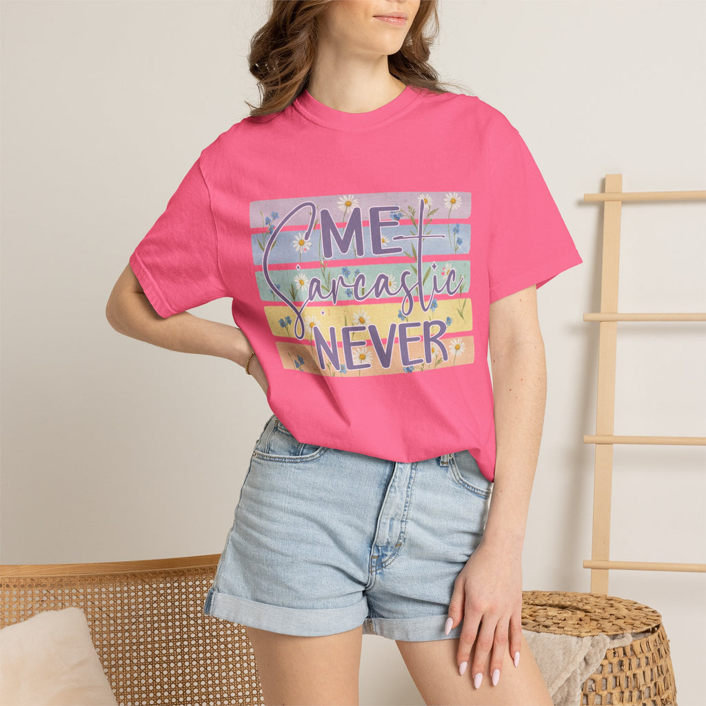 Textured Sarcastic Never T-Shirt — Pastel Striped "Me? Sarcastic? Never" Graphic Tee