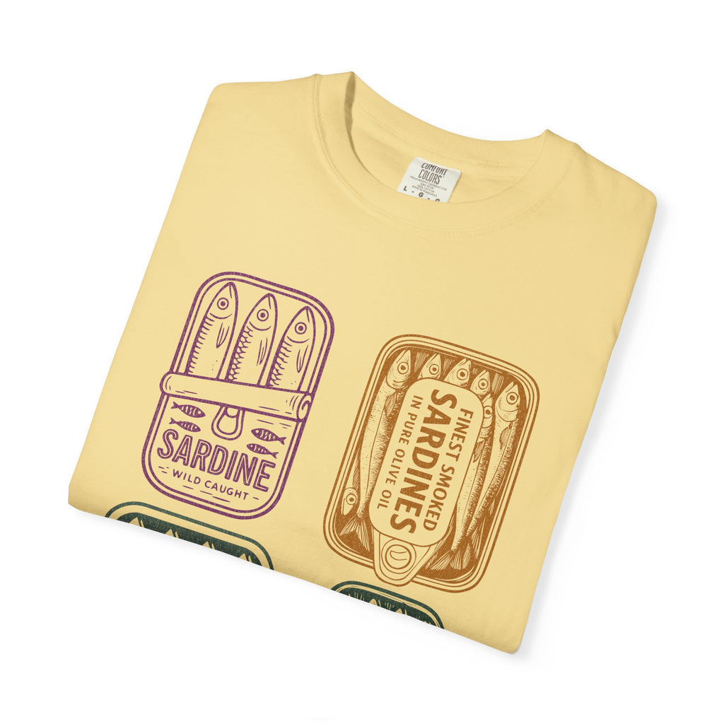 Sardine Tin Graphic Textured T-Shirt — Vintage Seafood Illustration Tee