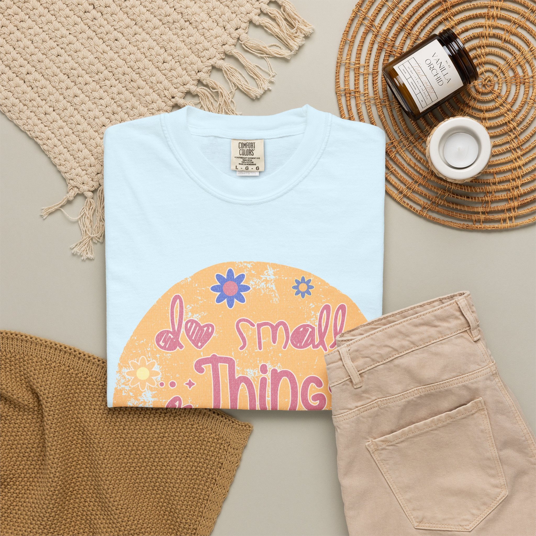 Textured Inspirational Tee — "Do Small Things With Great Love" Floral Graphic