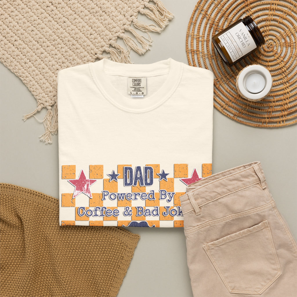 Dad Textured T-Shirt — "Powered by Coffee & Bad Jokes" Retro Checker Fathers Day Tee