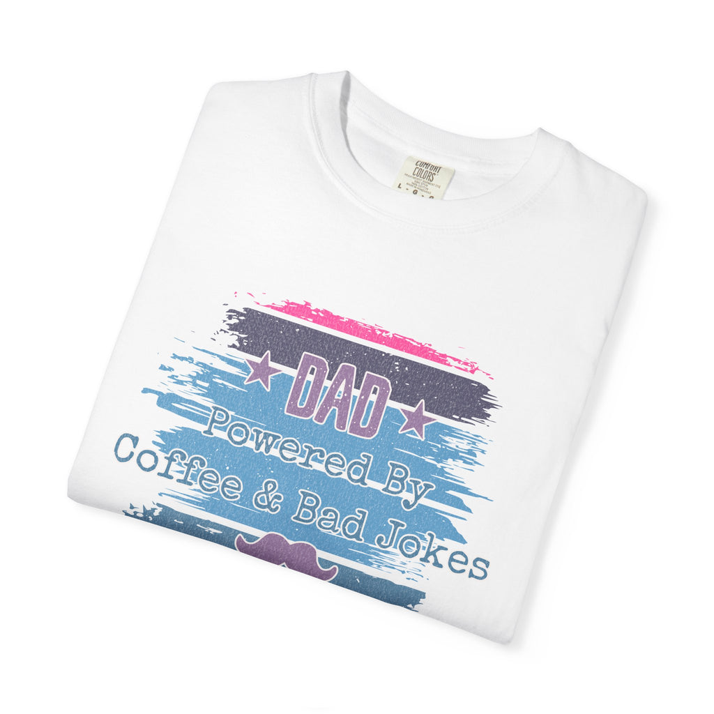 Textured Dad T-Shirt - "Powered By Coffee & Bad Jokes" Vintage Stripe Father's Day Tee