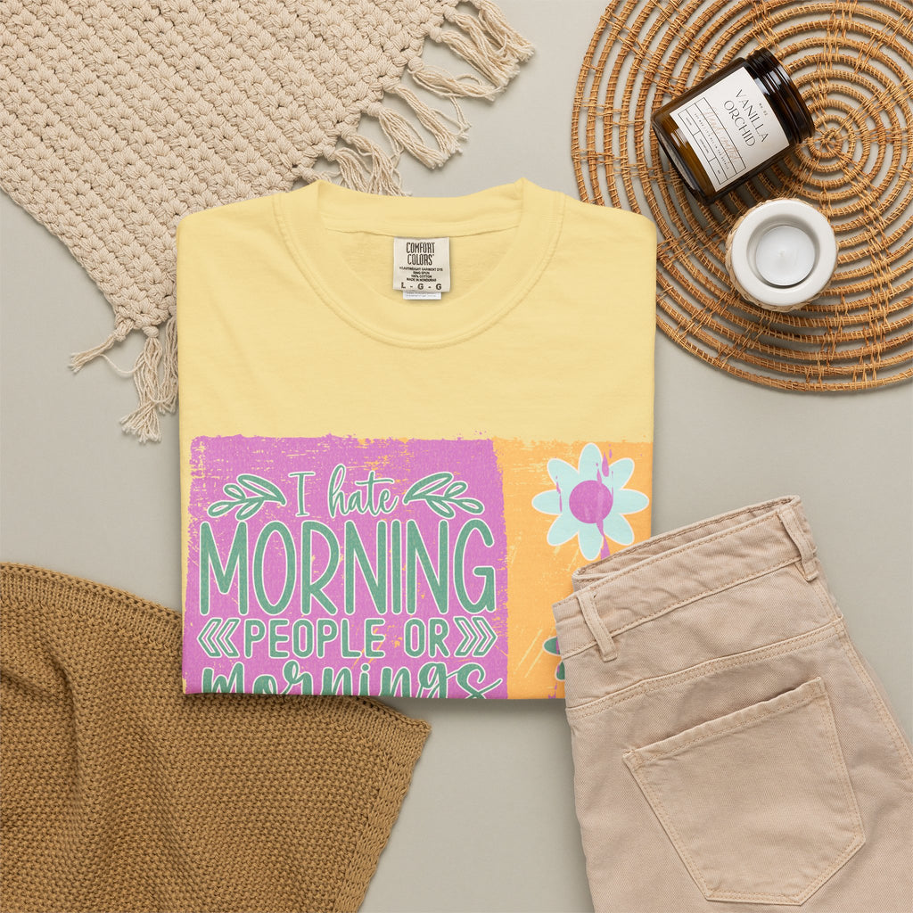Graphic Textured T-Shirt — “Not a Morning Person” Retro Floral Block Design