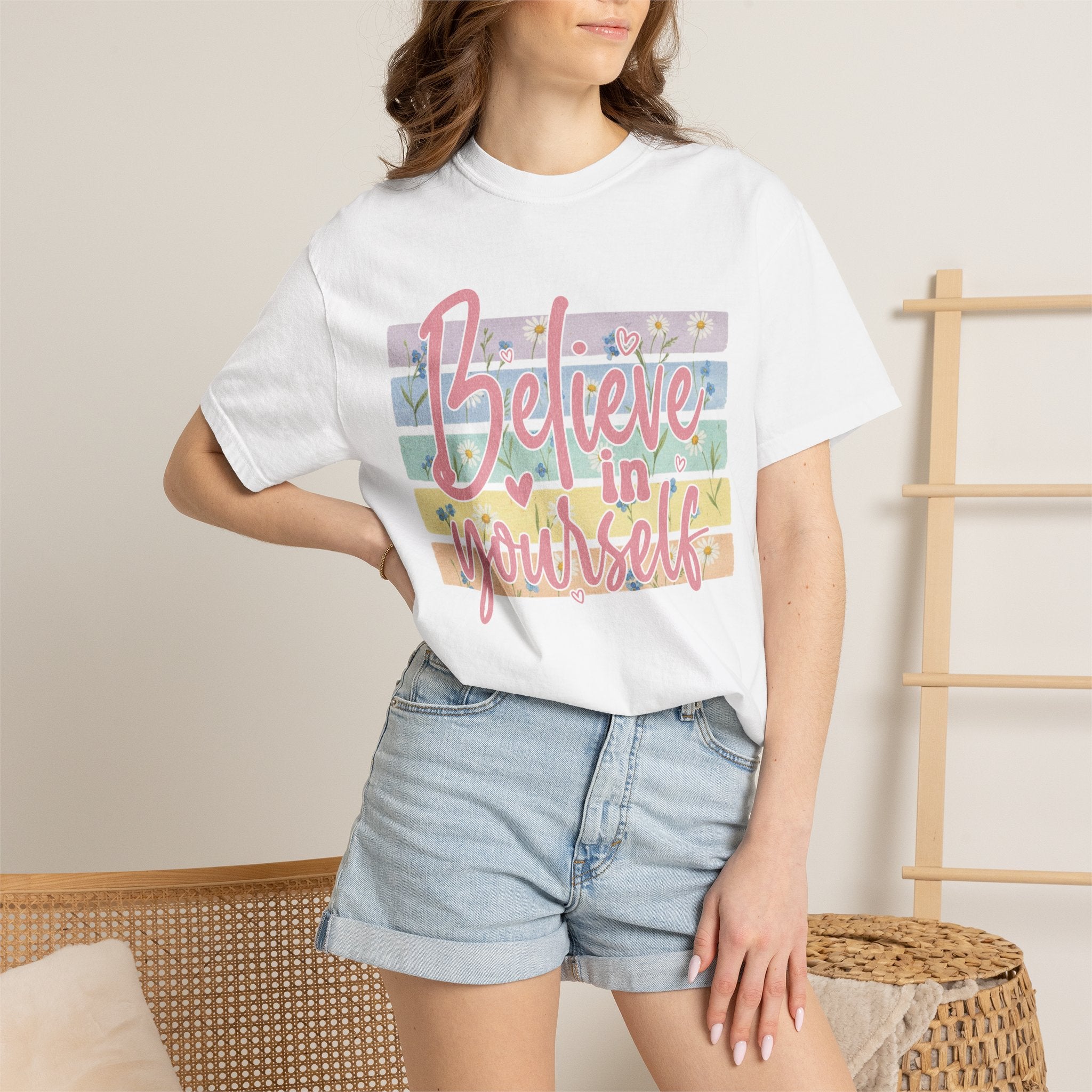 Textured Believe in Yourself T-Shirt — Pastel Floral Inspirational Tee