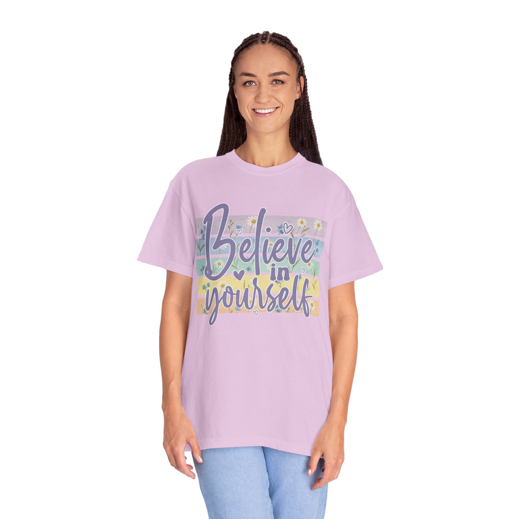 Textured Believe in Yourself T‑Shirt — Pastel Stripes Inspirational Tee