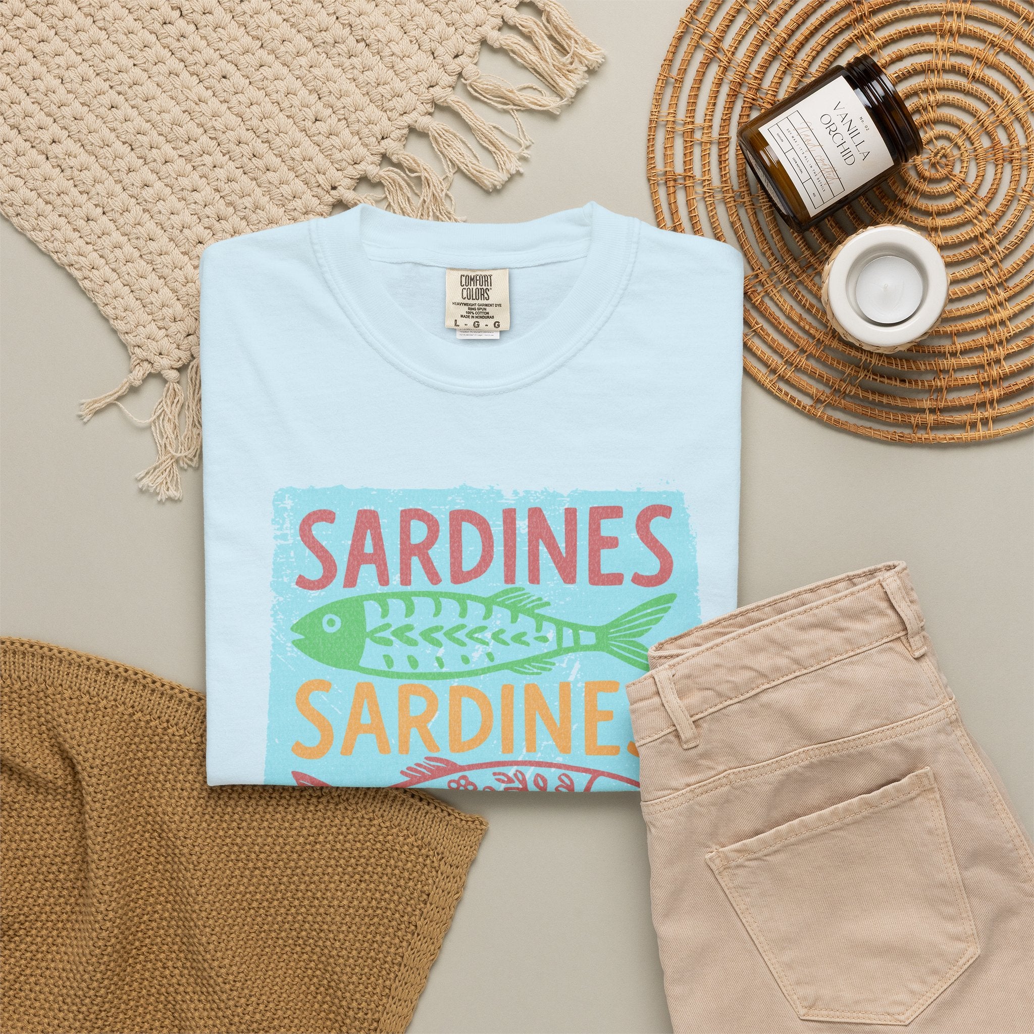 Sardines Colorblock Graphic Textured T-Shirt — Retro Coastal Fish Tee