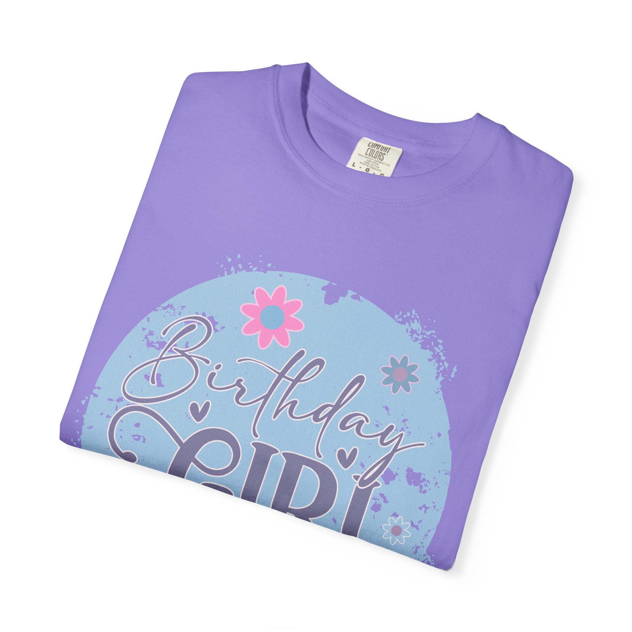 Birthday Girl Textured T-Shirt — Floral Blue Circle Graphic