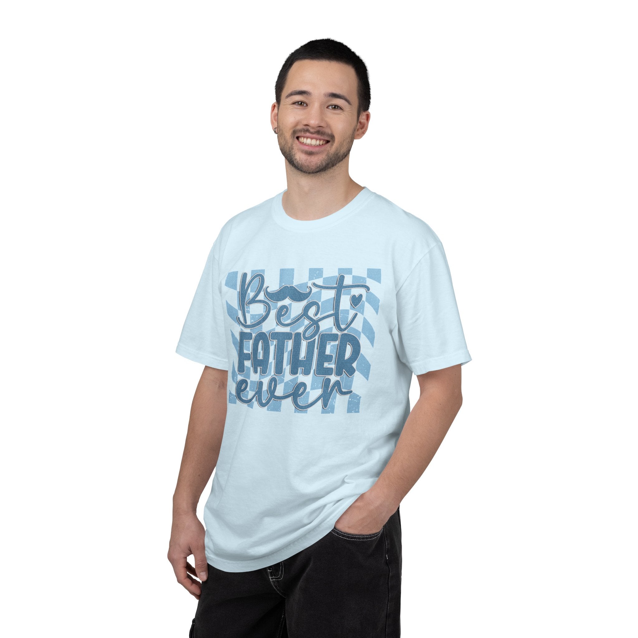 Textured Best Father Ever T-Shirt — Retro Blue Check Fathers Day Tee