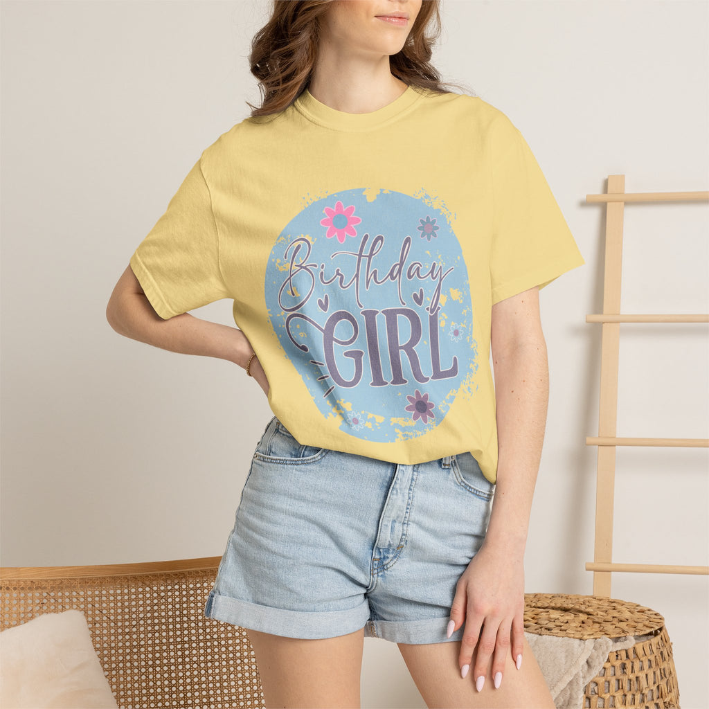 Birthday Girl Textured T-Shirt — Floral Blue Circle Graphic