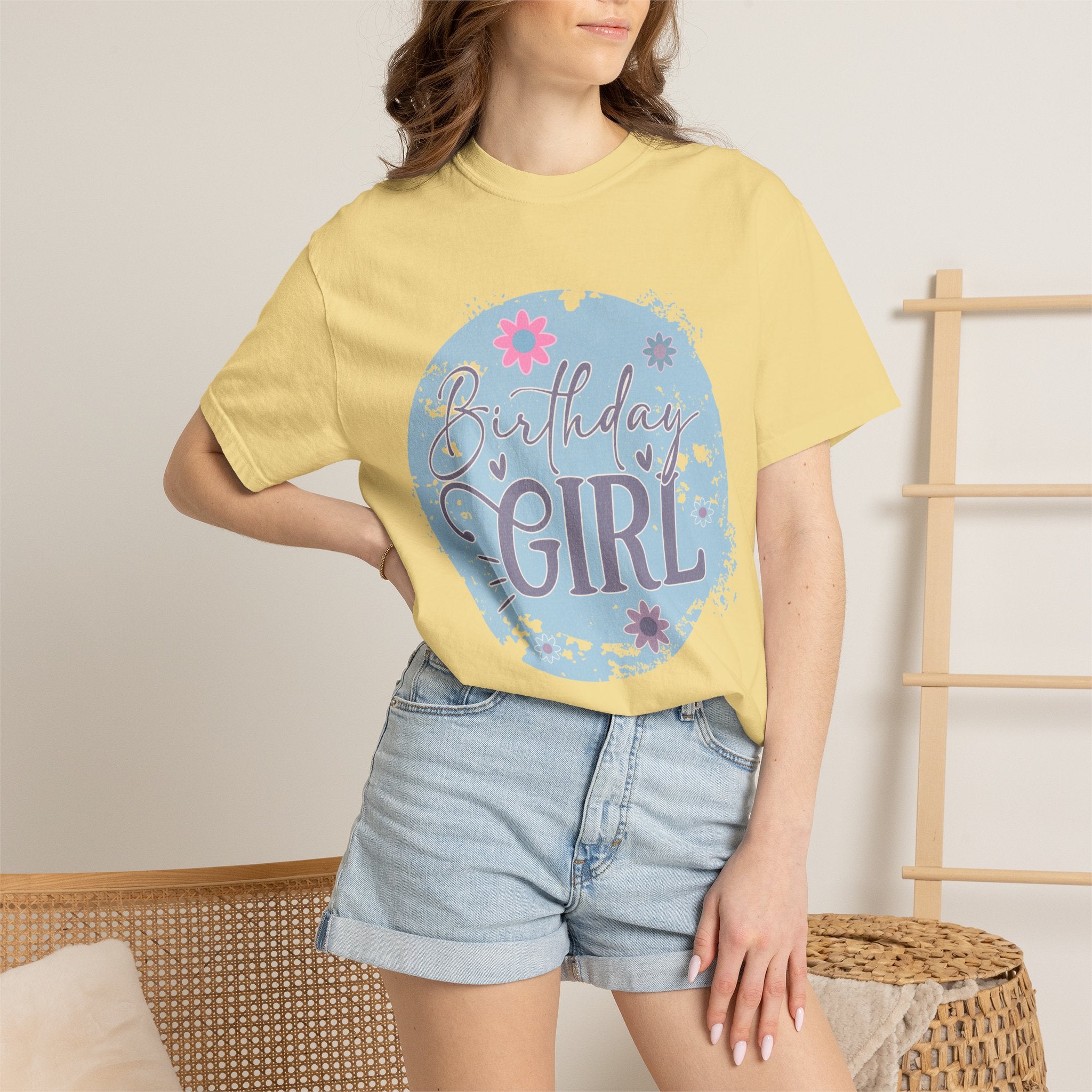 Birthday Girl Textured T-Shirt — Floral Blue Circle Graphic