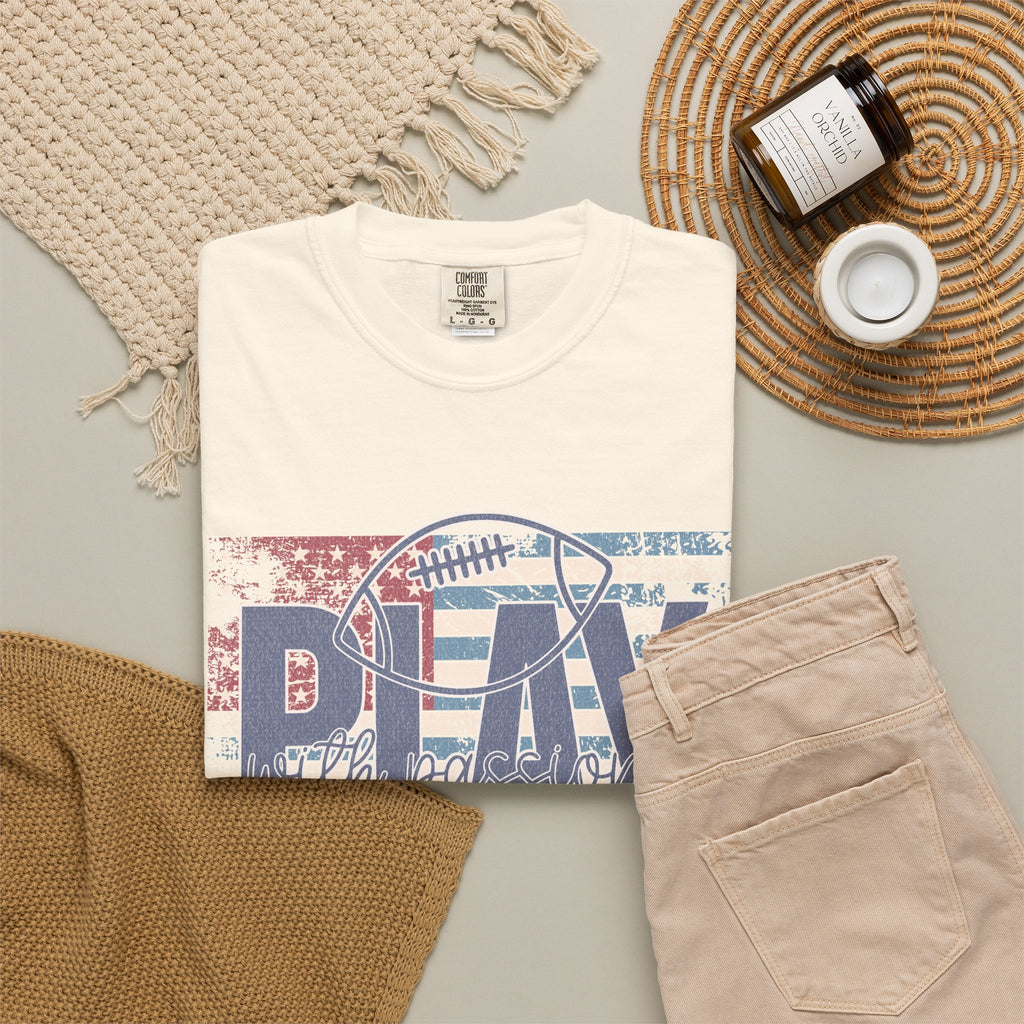 Play With Passion Football Textured Tee — Vintage American Flag Sports Tee