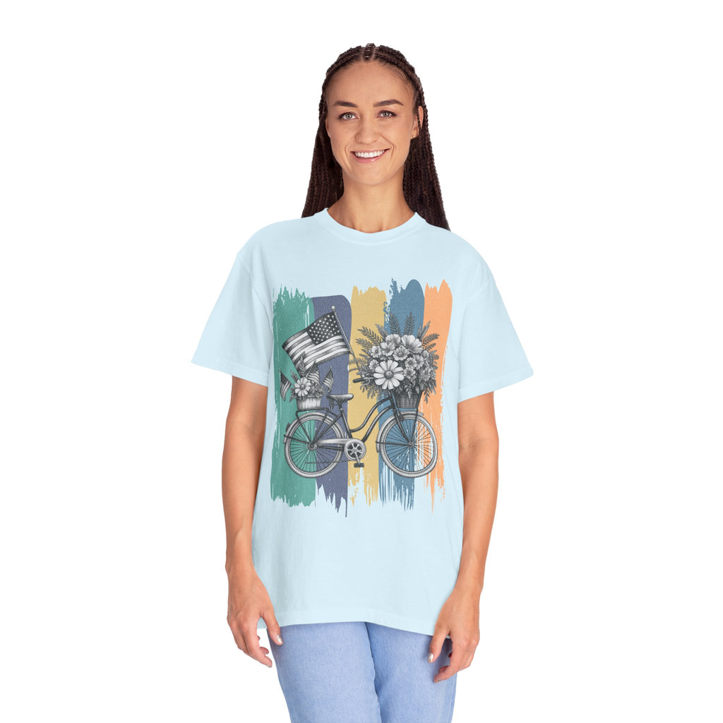 Textured Vintage Bicycle Bouquet T-Shirt — Americana Floral Bike Tee