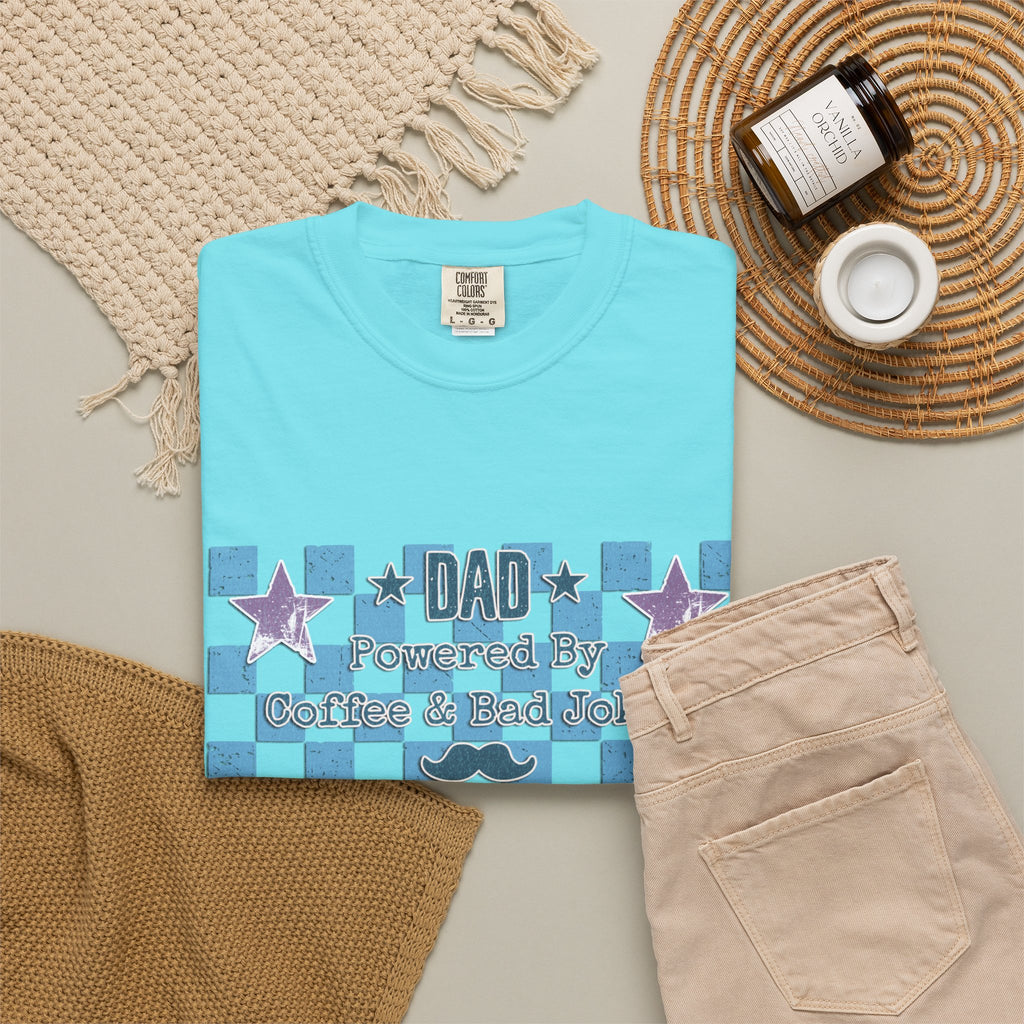 Textured Dad Powered By Coffee & Chaos T-Shirt — Retro Checkered Father's Day Tee
