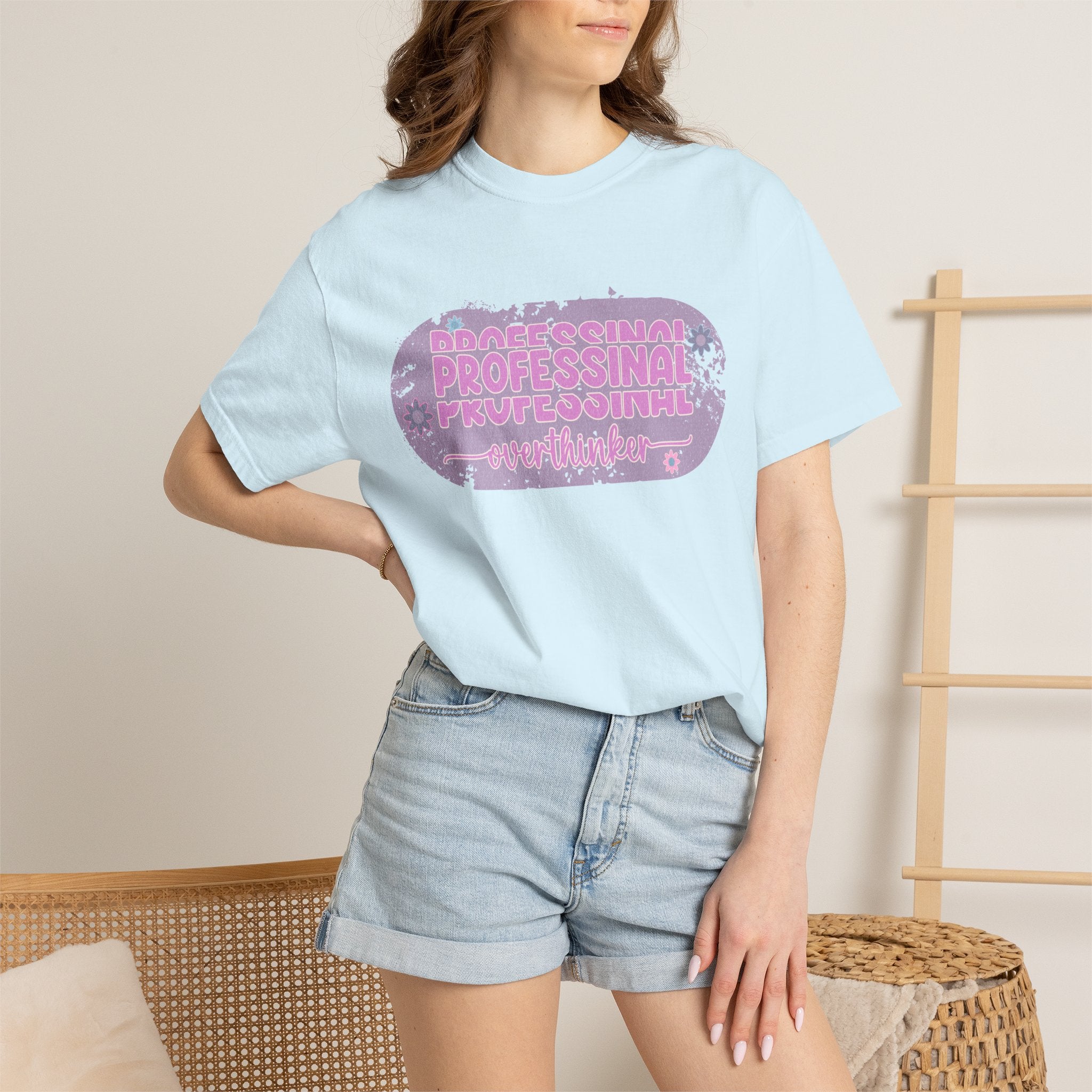 Professional Overthinker  Floral Textured T-Shirt — Retro Pink Graphic Tee