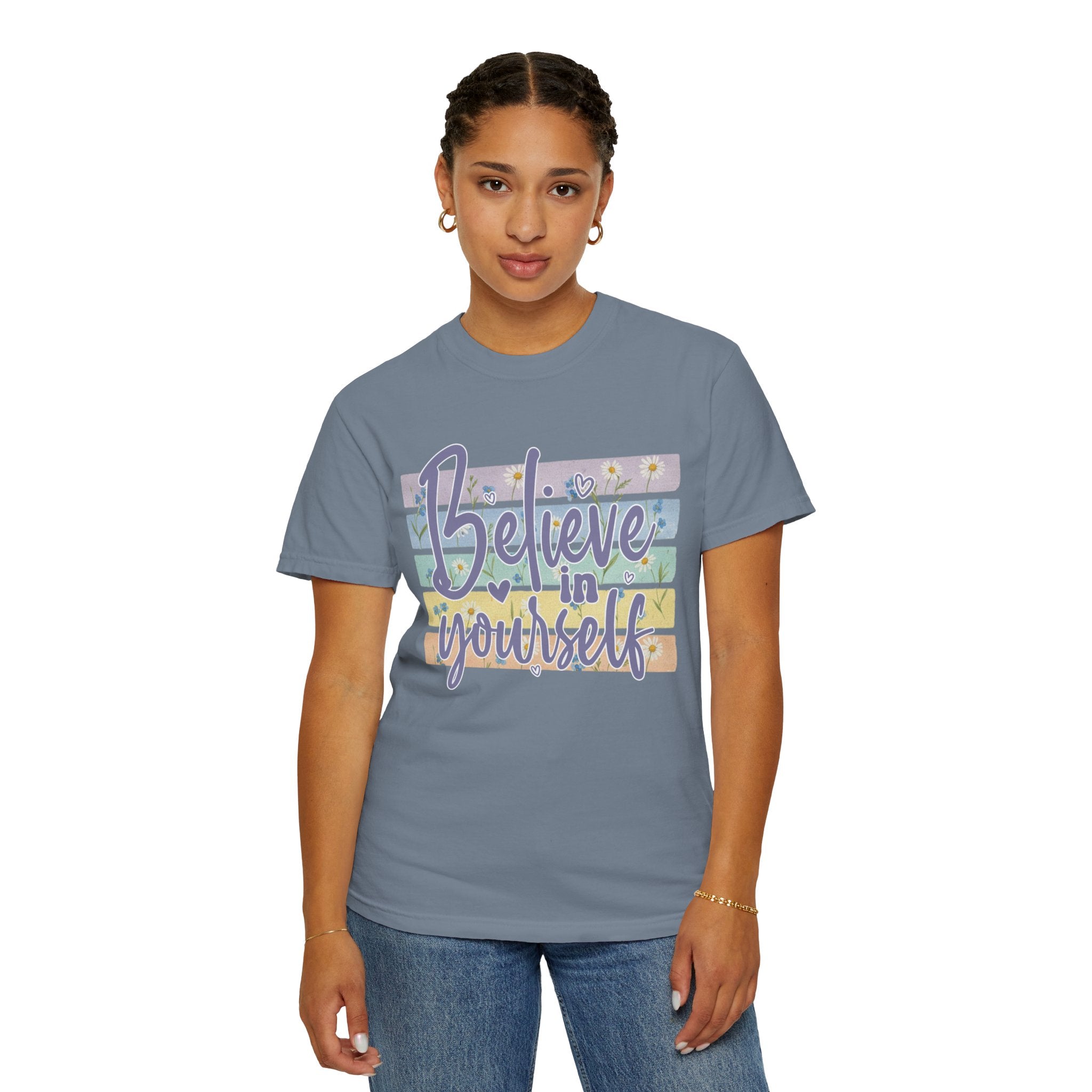 Textured Believe in Yourself T‑Shirt — Pastel Stripes Inspirational Tee