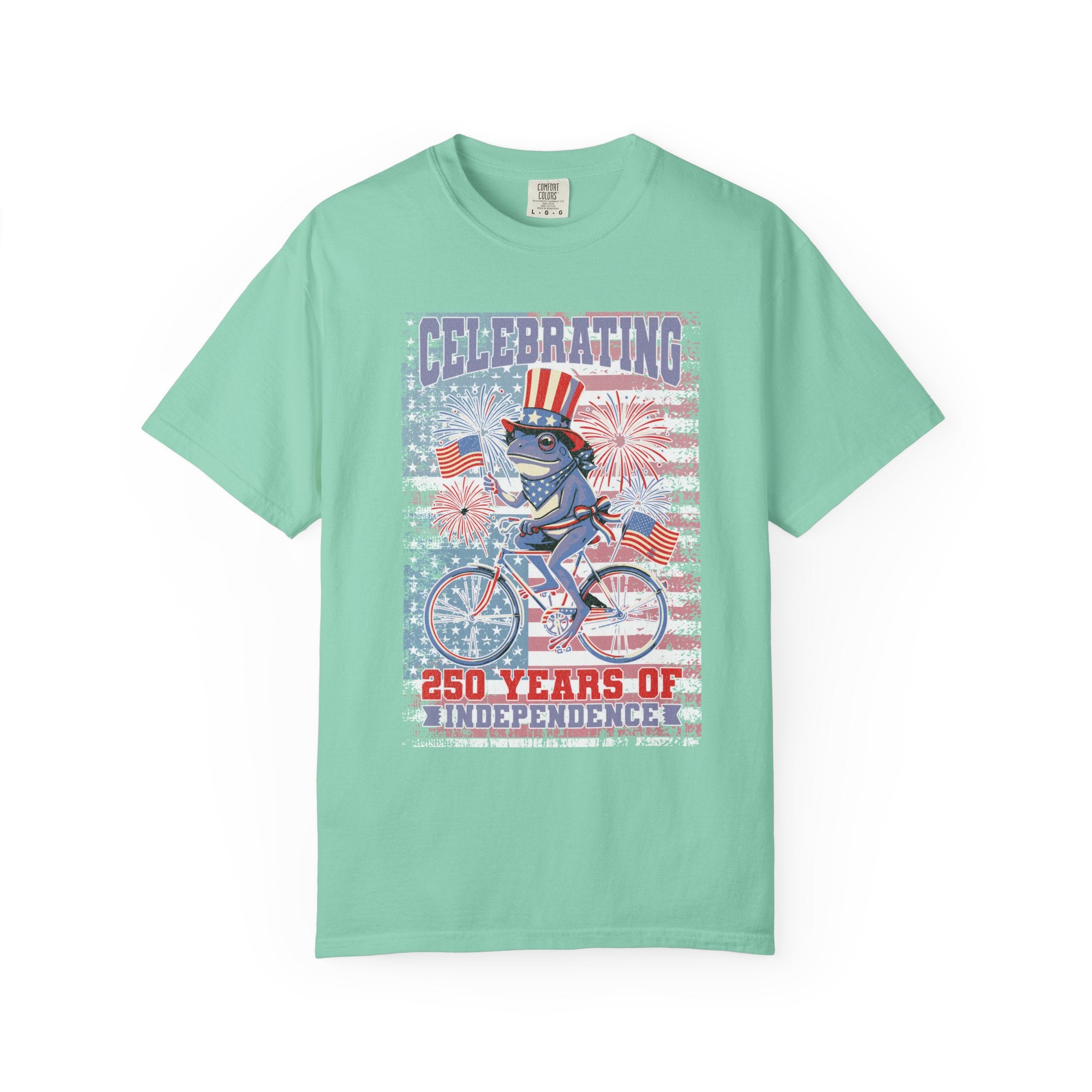 Textured Independence Day Patriotic T-Shirt — "Celebrating 250 Years of Independence" Bicycle Uncle Sam Design